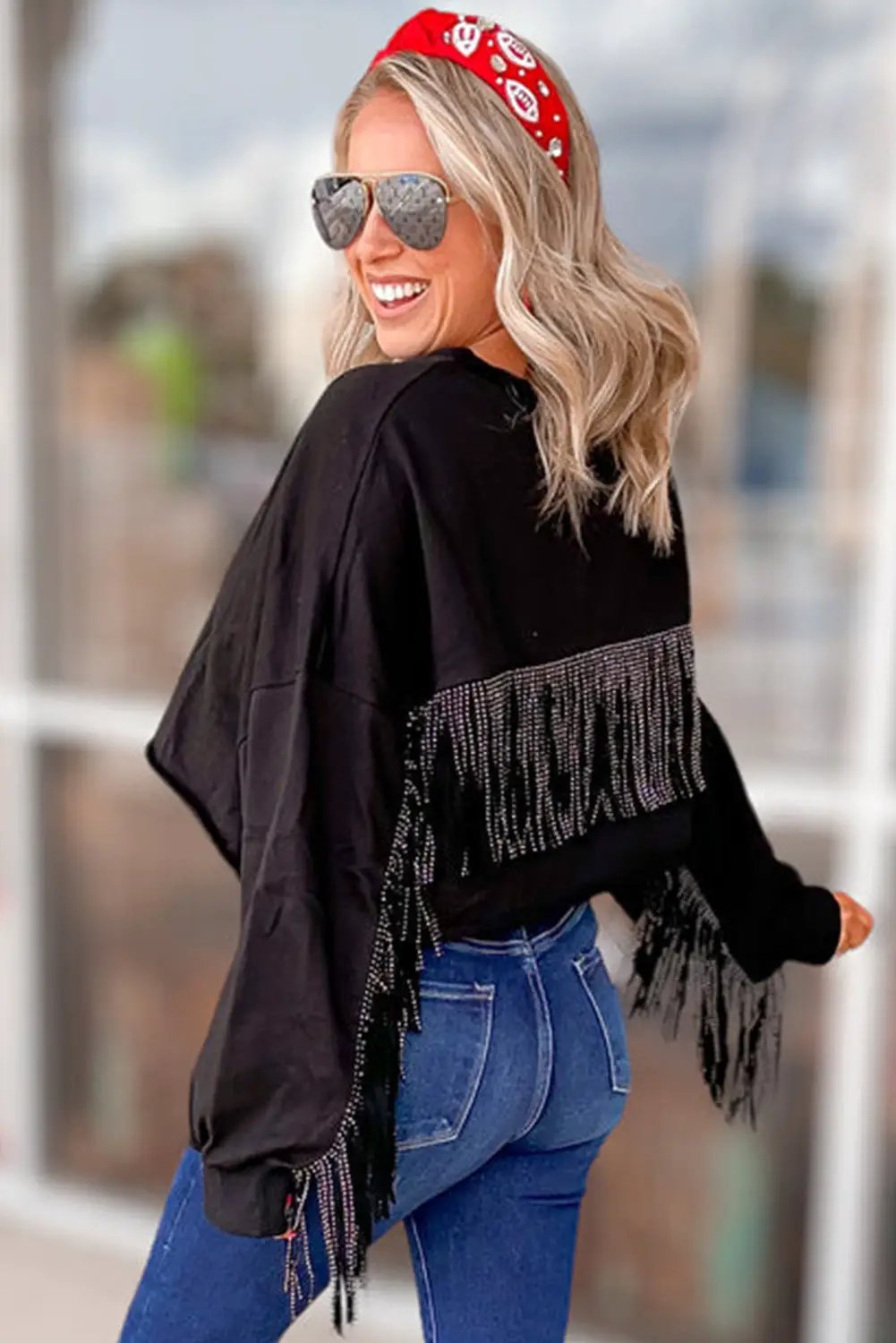 Grateful Threads Boutique Black GAME DAY Sequined Tassel Cropped Sweatshirt - Sweatshirts Black GAME DAY Rugby Sequined Tasseled Cropped Sweatshirt