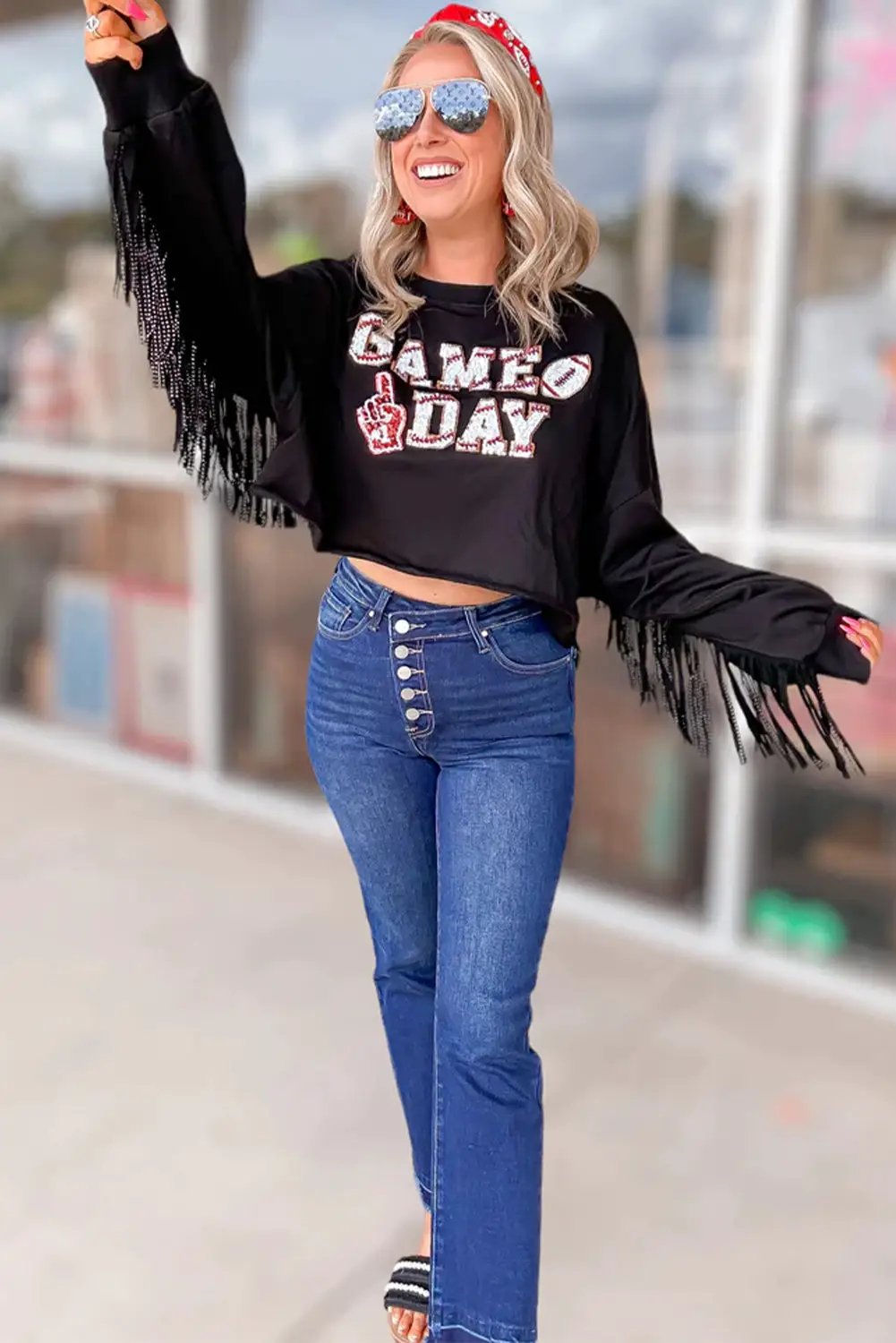 Grateful Threads Boutique Black GAME DAY Sequined Tassel Cropped Sweatshirt - Sweatshirts Black GAME DAY Rugby Sequined Tasseled Cropped Sweatshirt