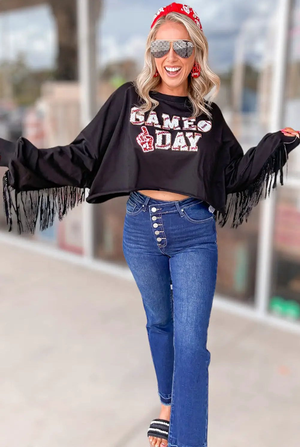 Grateful Threads Boutique Black GAME DAY Sequined Tassel Cropped Sweatshirt - Sweatshirts Black GAME DAY Rugby Sequined Tasseled Cropped Sweatshirt