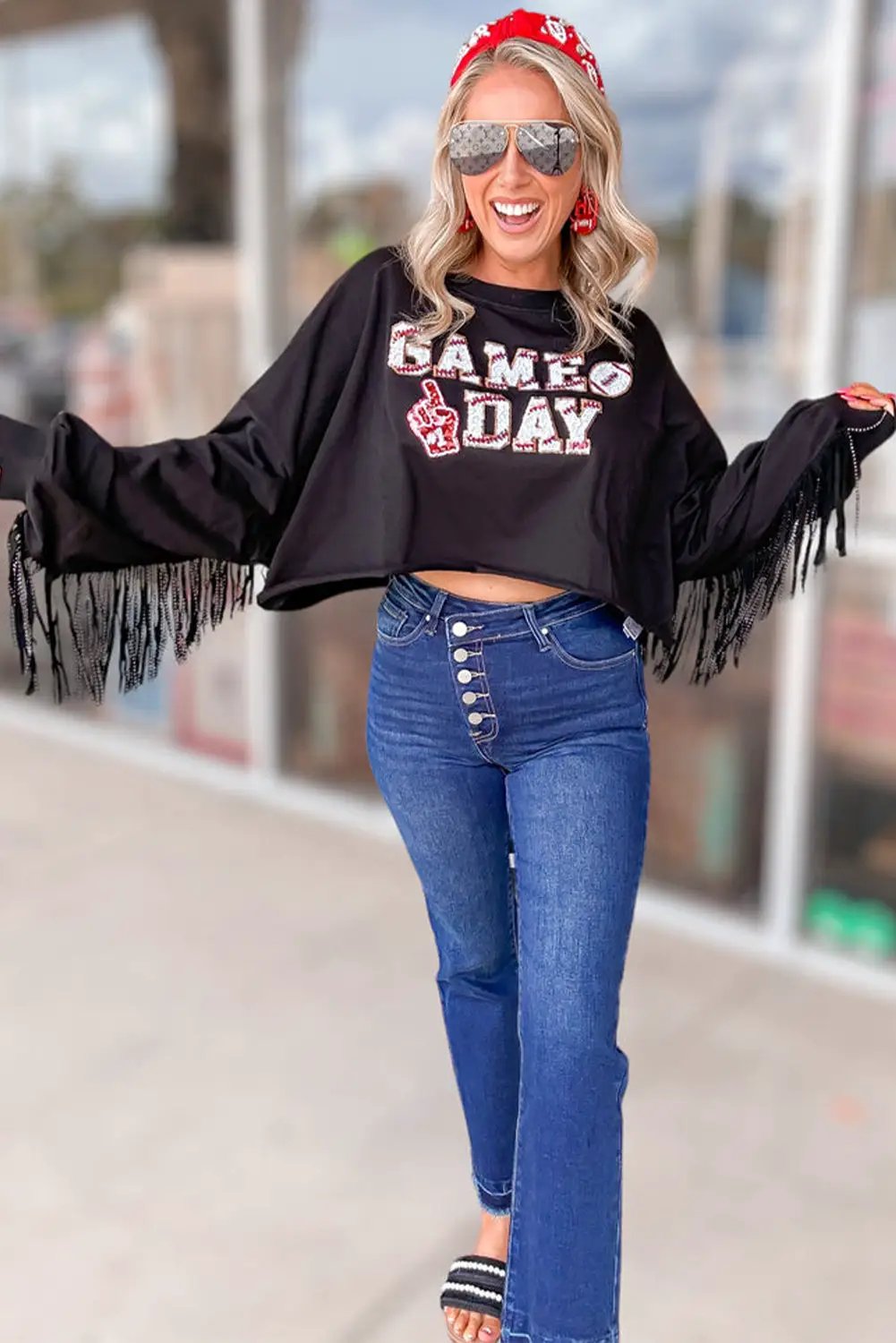 Grateful Threads Boutique Black GAME DAY Sequined Tassel Cropped Sweatshirt - Sweatshirts Black GAME DAY Rugby Sequined Tasseled Cropped Sweatshirt