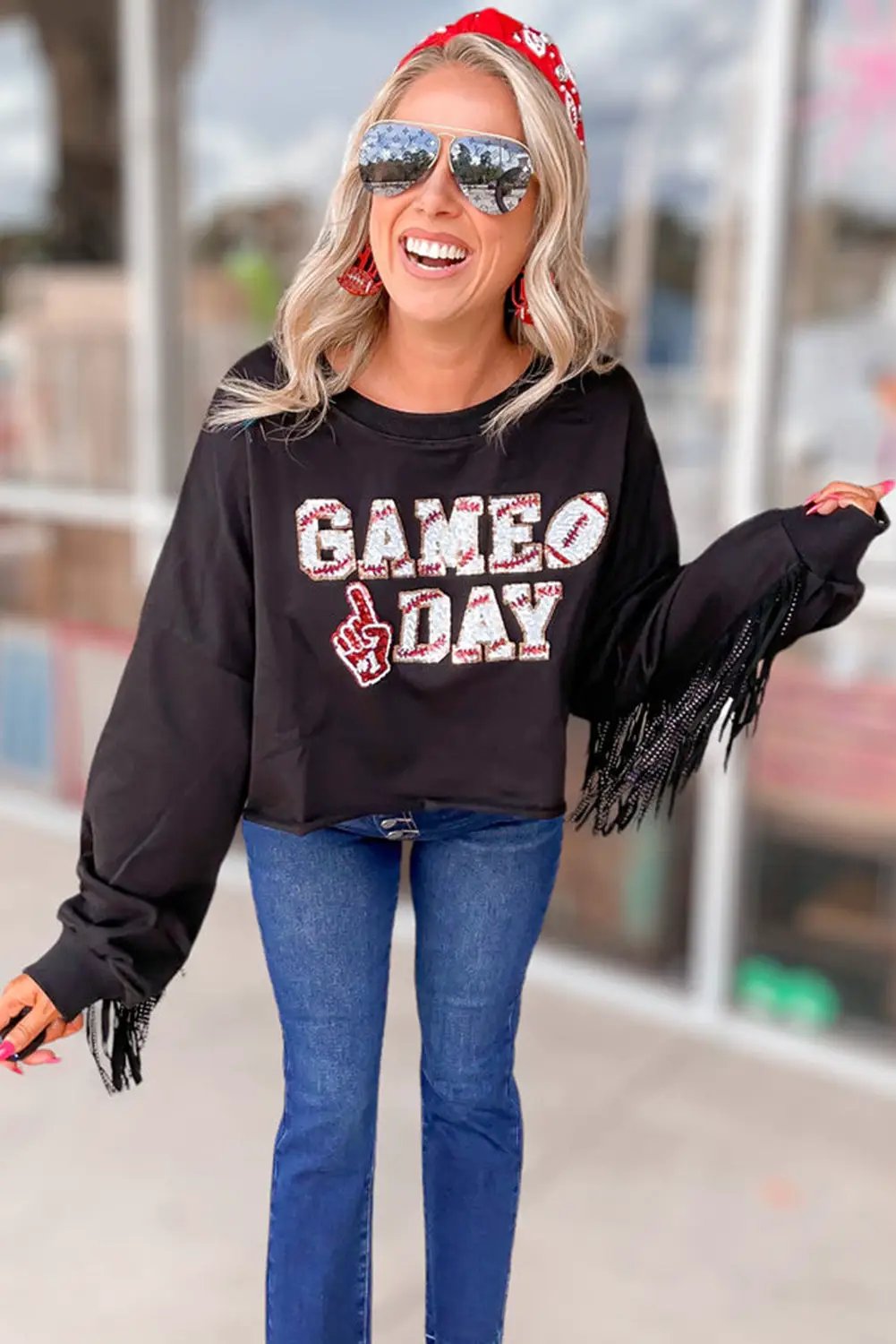 Grateful Threads Boutique Black GAME DAY Sequined Tassel Cropped Sweatshirt - Sweatshirts Black GAME DAY Rugby Sequined Tasseled Cropped Sweatshirt