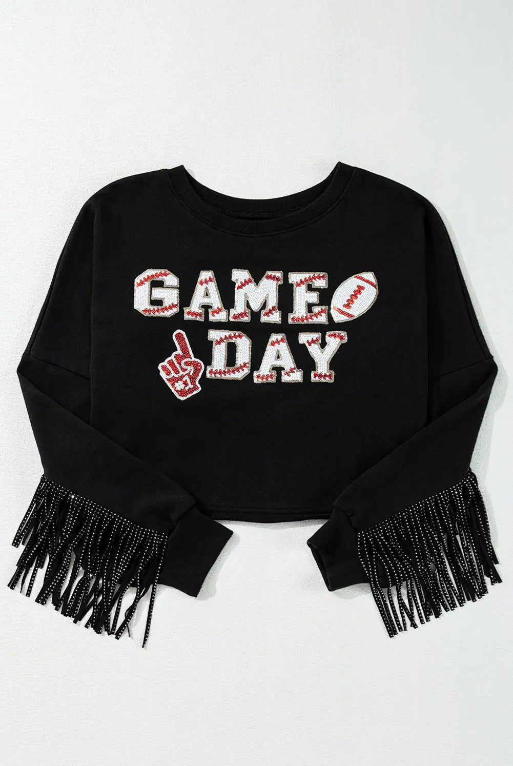 Grateful Threads Boutique Black GAME DAY Sequined Tassel Cropped Sweatshirt - Sweatshirts Black GAME DAY Rugby Sequined Tasseled Cropped Sweatshirt