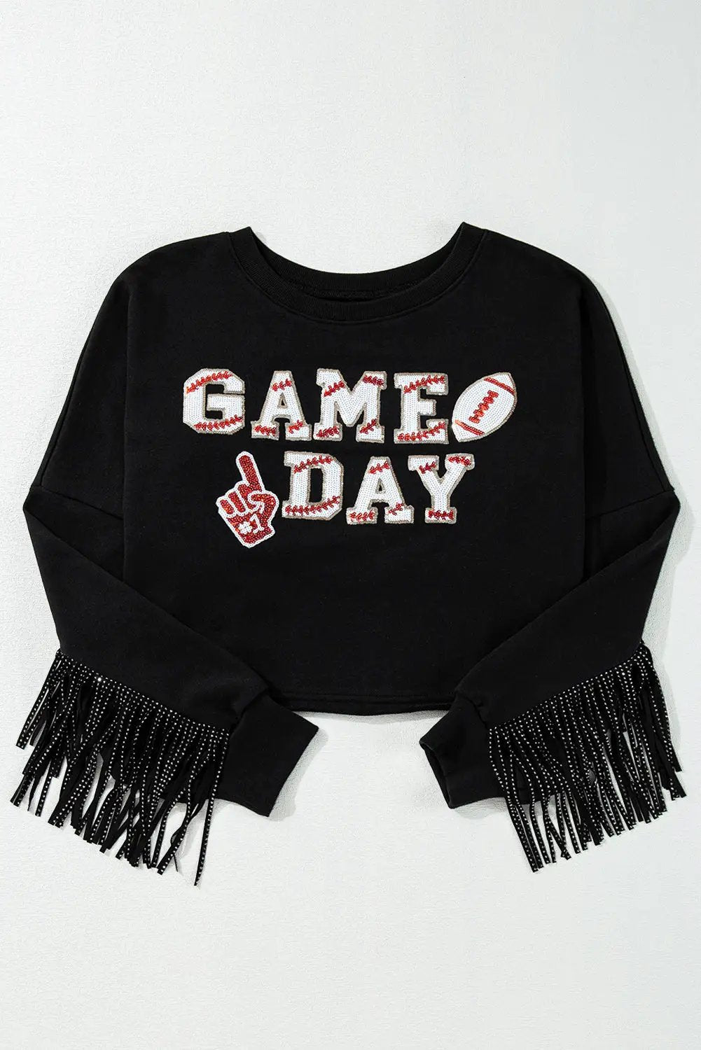 Grateful Threads Boutique Black GAME DAY Sequined Tassel Cropped Sweatshirt - Sweatshirts Black GAME DAY Rugby Sequined Tasseled Cropped Sweatshirt