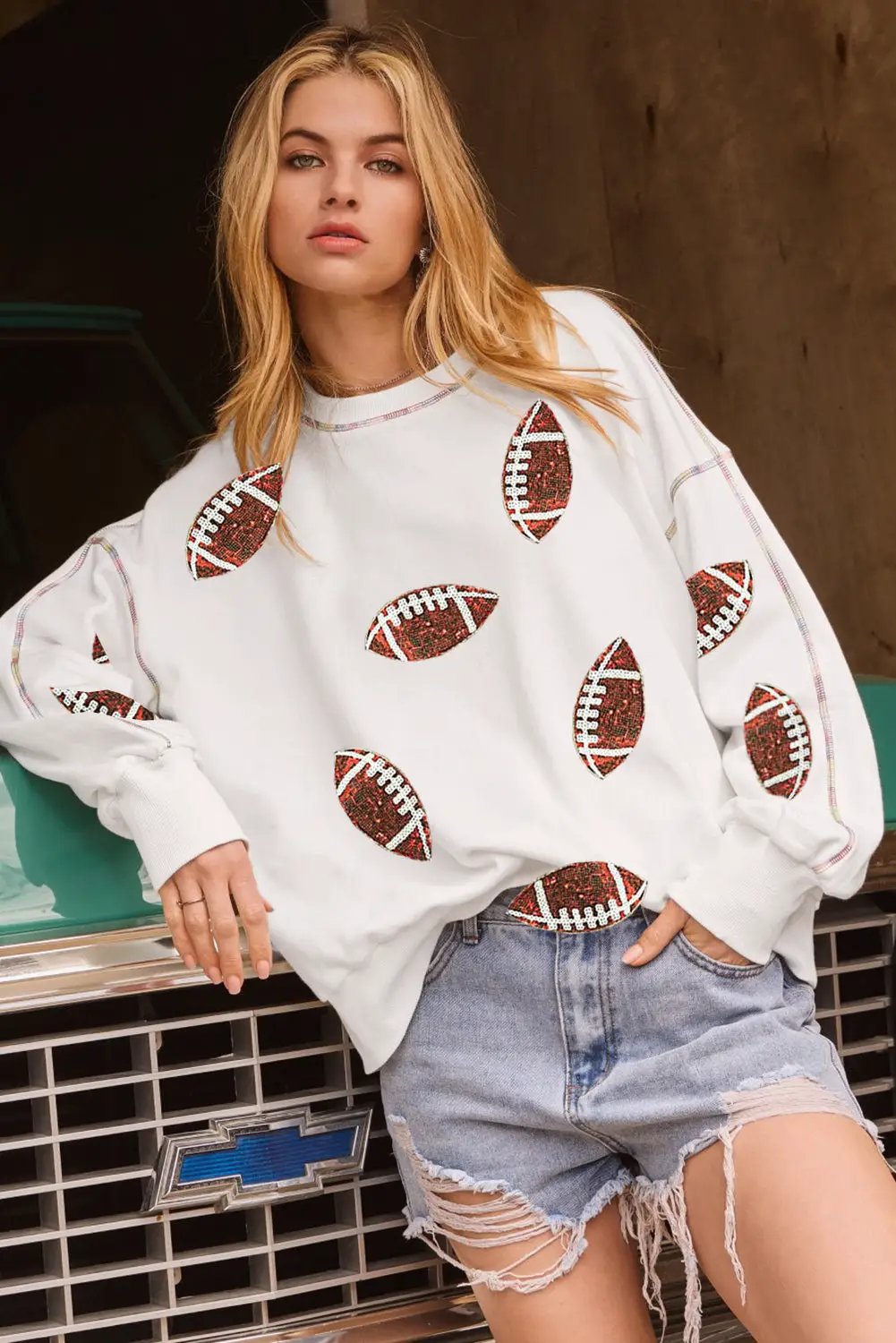 Grateful Threads Boutique White Sequin Rugby Football Pattern Exposed Seam Game Day Sweatshirt - Sweatshirts White Sequin Rugby Football Pattern Exposed Seam Game Day Sweatshirt