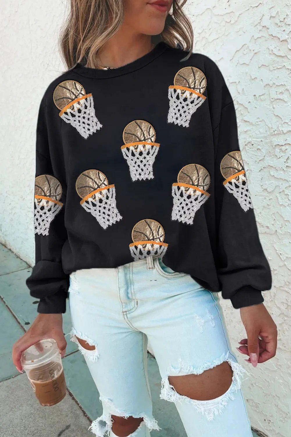 Grateful Threads Boutique Black Basketball Patched Game Day Crew Neck Graphic Sweatshirt - Sweatshirts Black Basketball Patched Game Day Crew Neck Graphic Sweatshirt