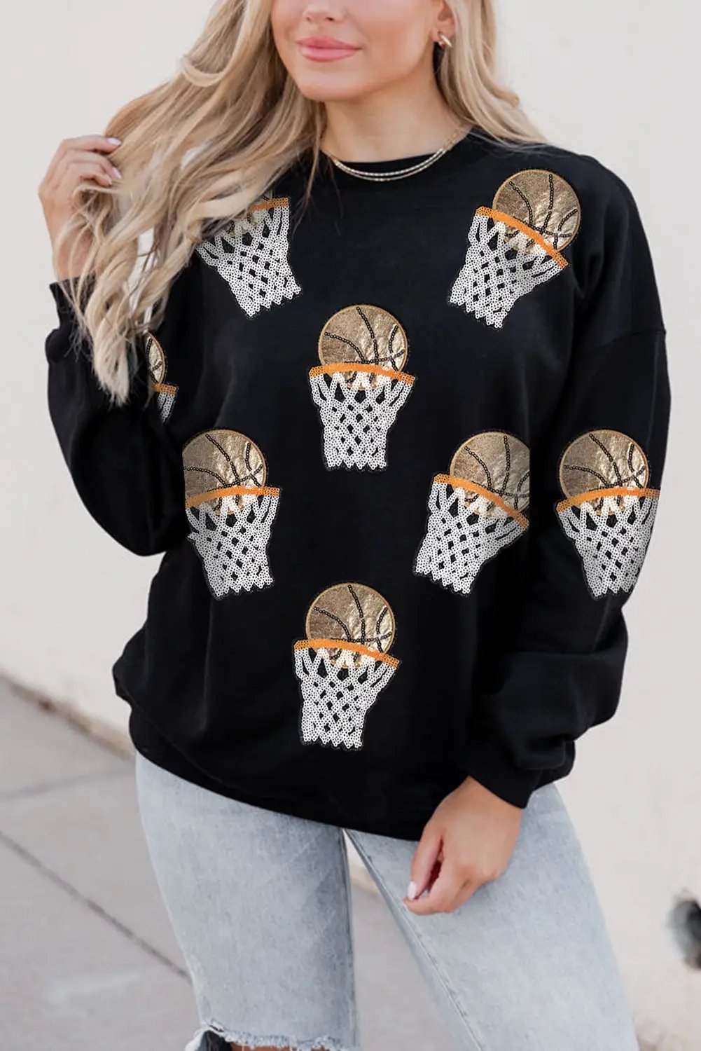 Grateful Threads Boutique Black Basketball Patched Game Day Crew Neck Graphic Sweatshirt - Sweatshirts Black Basketball Patched Game Day Crew Neck Graphic Sweatshirt