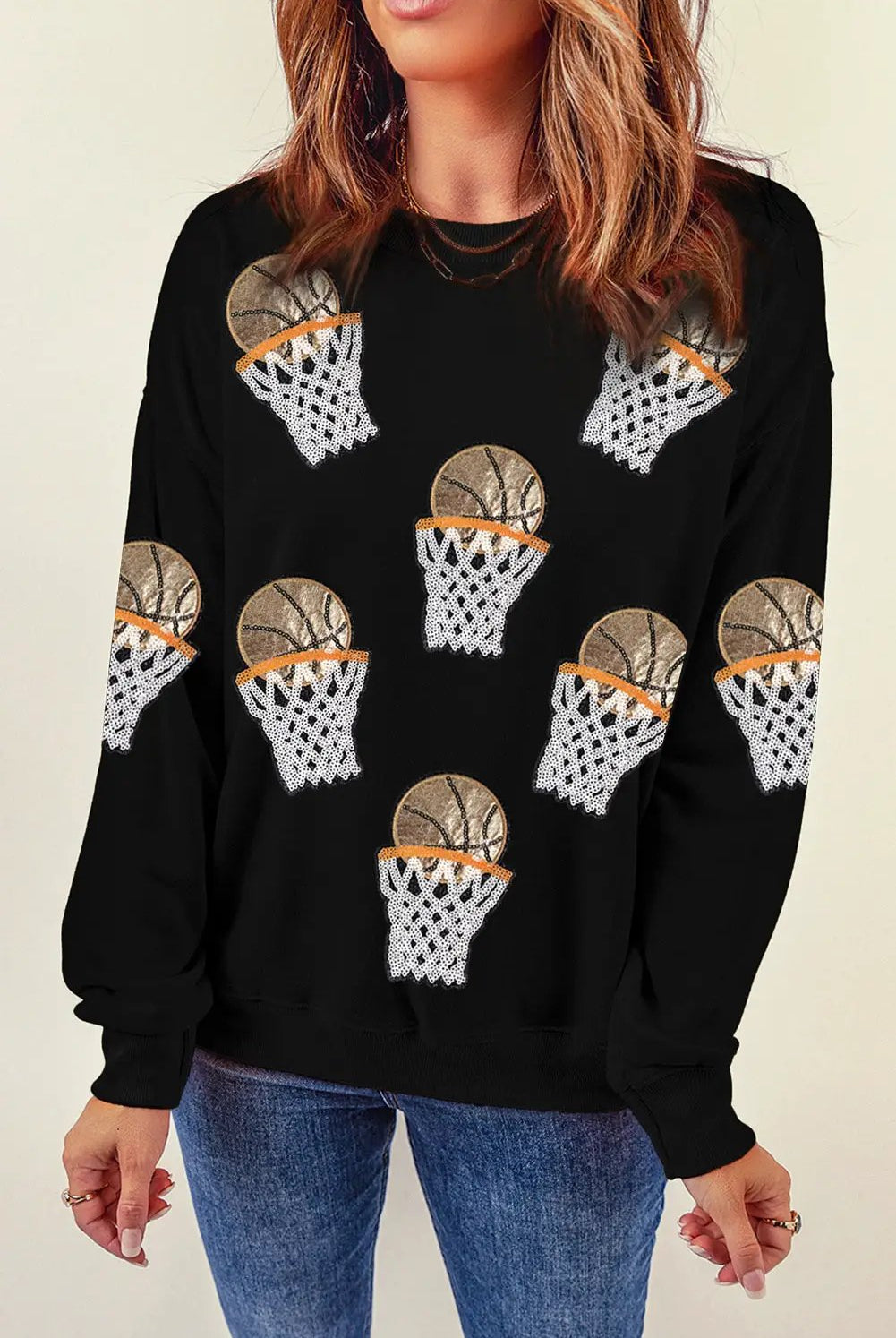 Grateful Threads Boutique Black Basketball Patched Game Day Crew Neck Graphic Sweatshirt - Sweatshirts Black Basketball Patched Game Day Crew Neck Graphic Sweatshirt