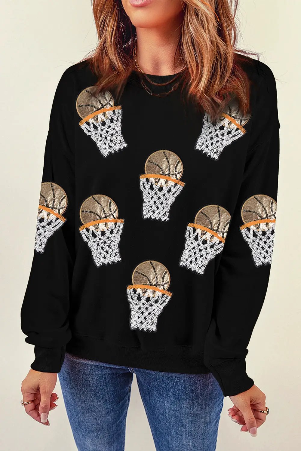 Grateful Threads Boutique Black Basketball Patched Game Day Crew Neck Graphic Sweatshirt - Sweatshirts Black Basketball Patched Game Day Crew Neck Graphic Sweatshirt