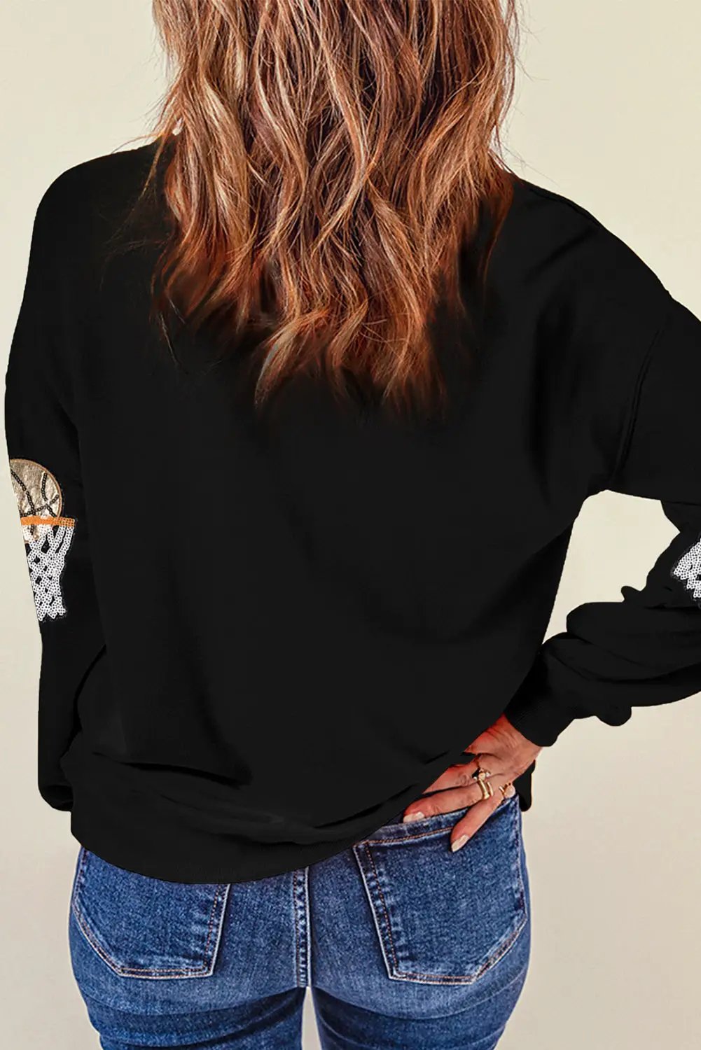 Grateful Threads Boutique Black Basketball Patched Game Day Crew Neck Graphic Sweatshirt - Sweatshirts Black Basketball Patched Game Day Crew Neck Graphic Sweatshirt