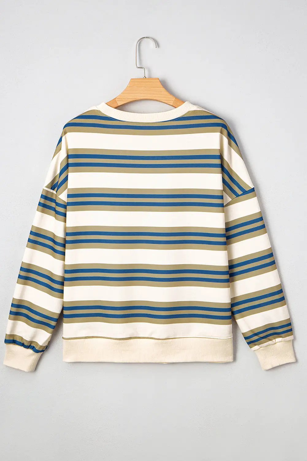 Grateful Threads Boutique Khaki Stripe Drop Shoulder Pullover Sweatshirt – Casual Crew Neck Loose Fit - Sweatshirts Khaki Stripe Crew Neck Drop Shoulder Pullover Sweatshirt