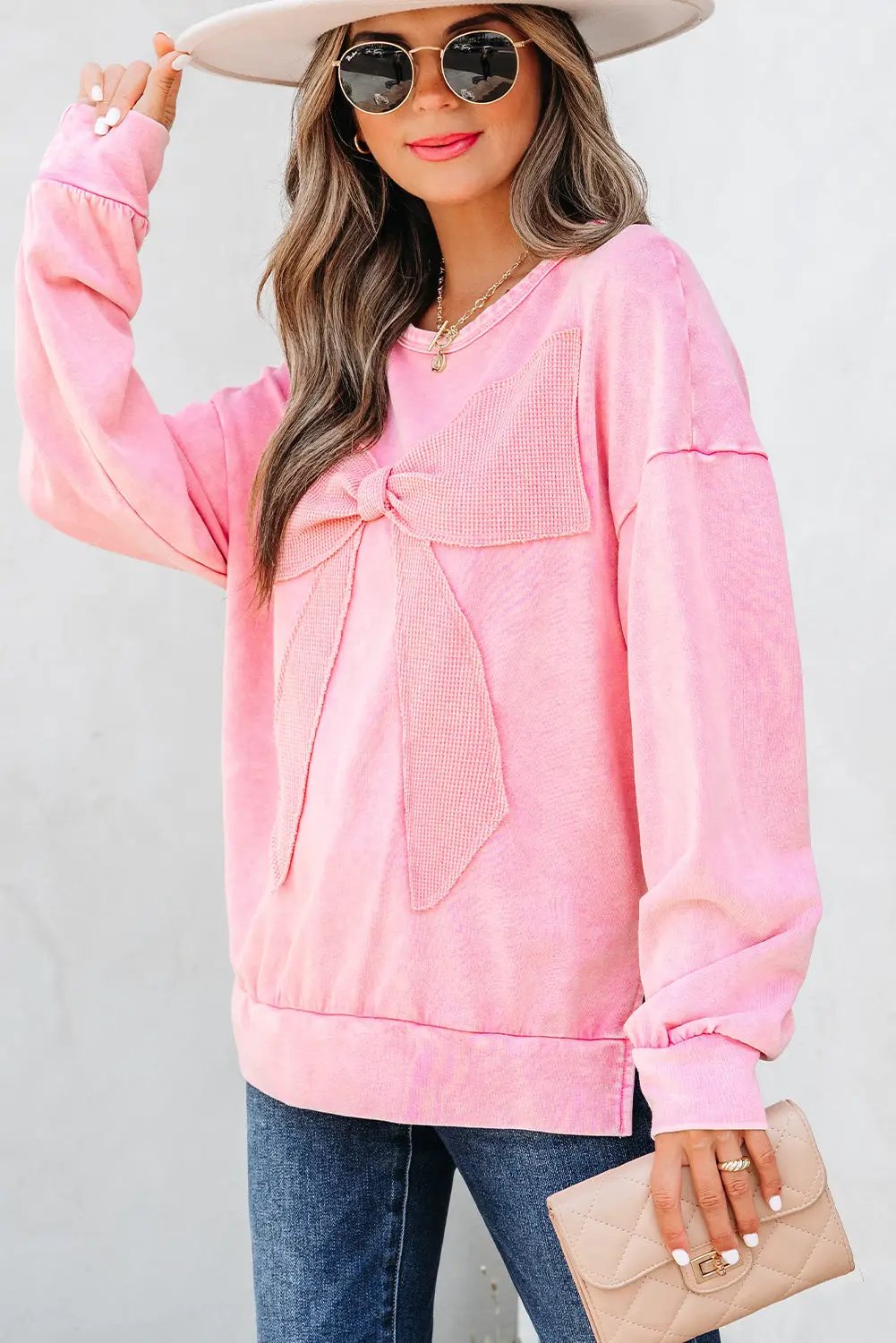 Grateful Threads Boutique Bubblegum Bow Mineral Wash Pullover Sweatshirt - Sweatshirts pink ribbon sweatshirt