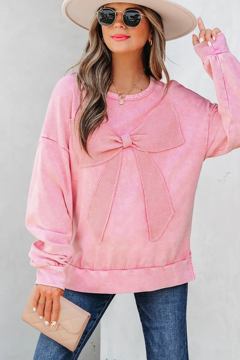 Grateful Threads Boutique Bubblegum Bow Mineral Wash Pullover Sweatshirt - Sweatshirts pink ribbon sweatshirt