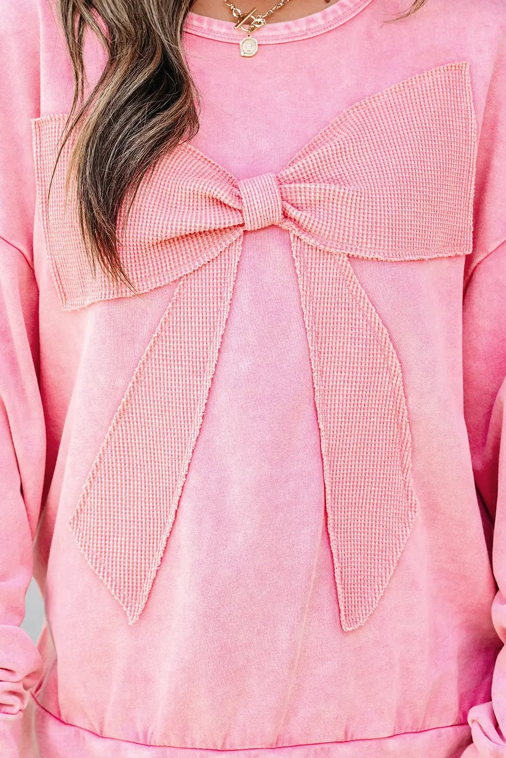 Grateful Threads Boutique Bubblegum Bow Mineral Wash Pullover Sweatshirt - Sweatshirts pink ribbon sweatshirt