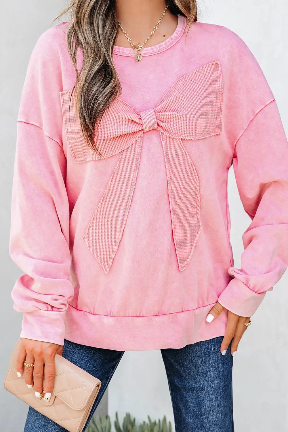 Grateful Threads Boutique Bubblegum Bow Mineral Wash Pullover Sweatshirt - Sweatshirts pink ribbon sweatshirt
