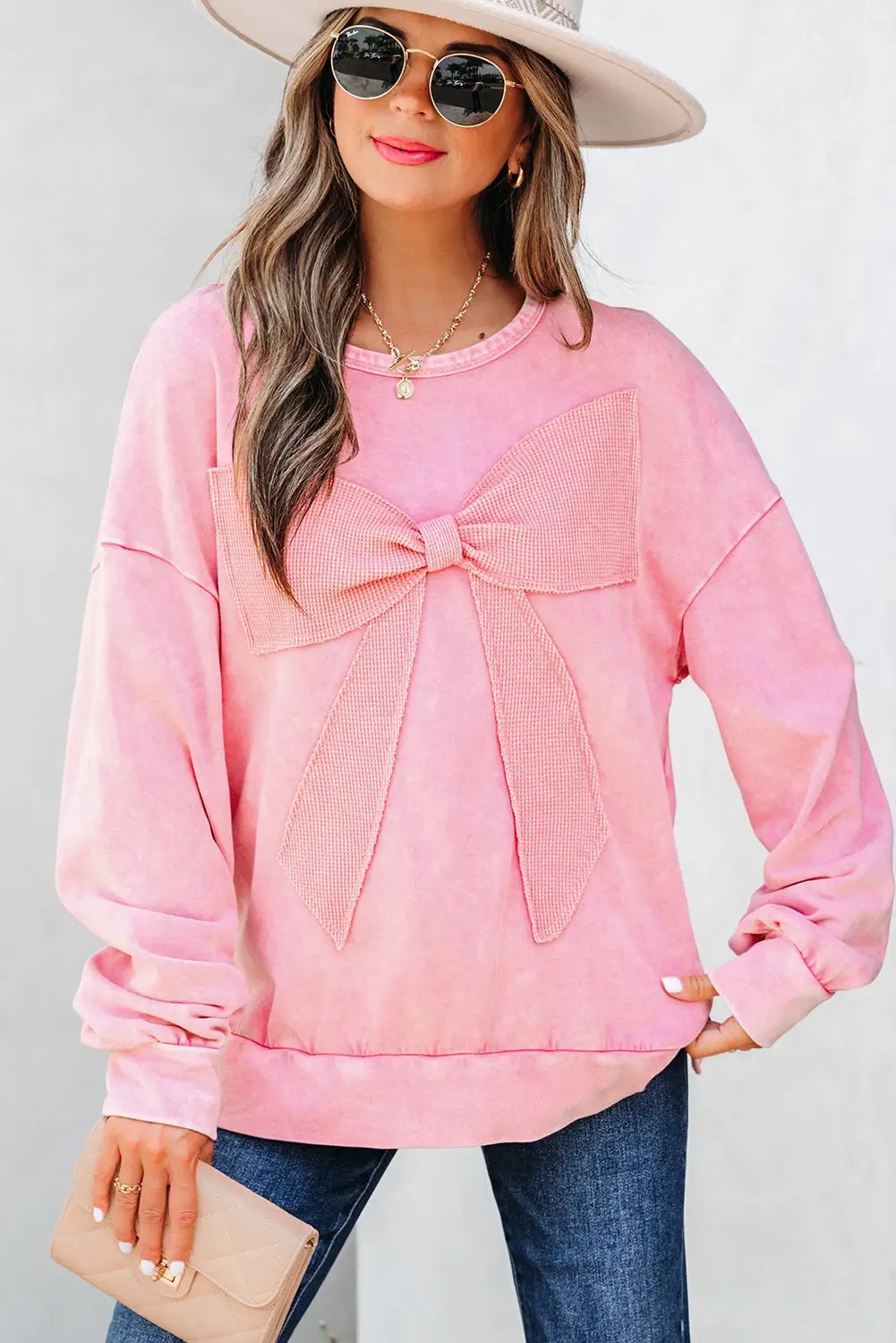 Grateful Threads Boutique Bubblegum Bow Mineral Wash Pullover Sweatshirt - Sweatshirts pink ribbon sweatshirt