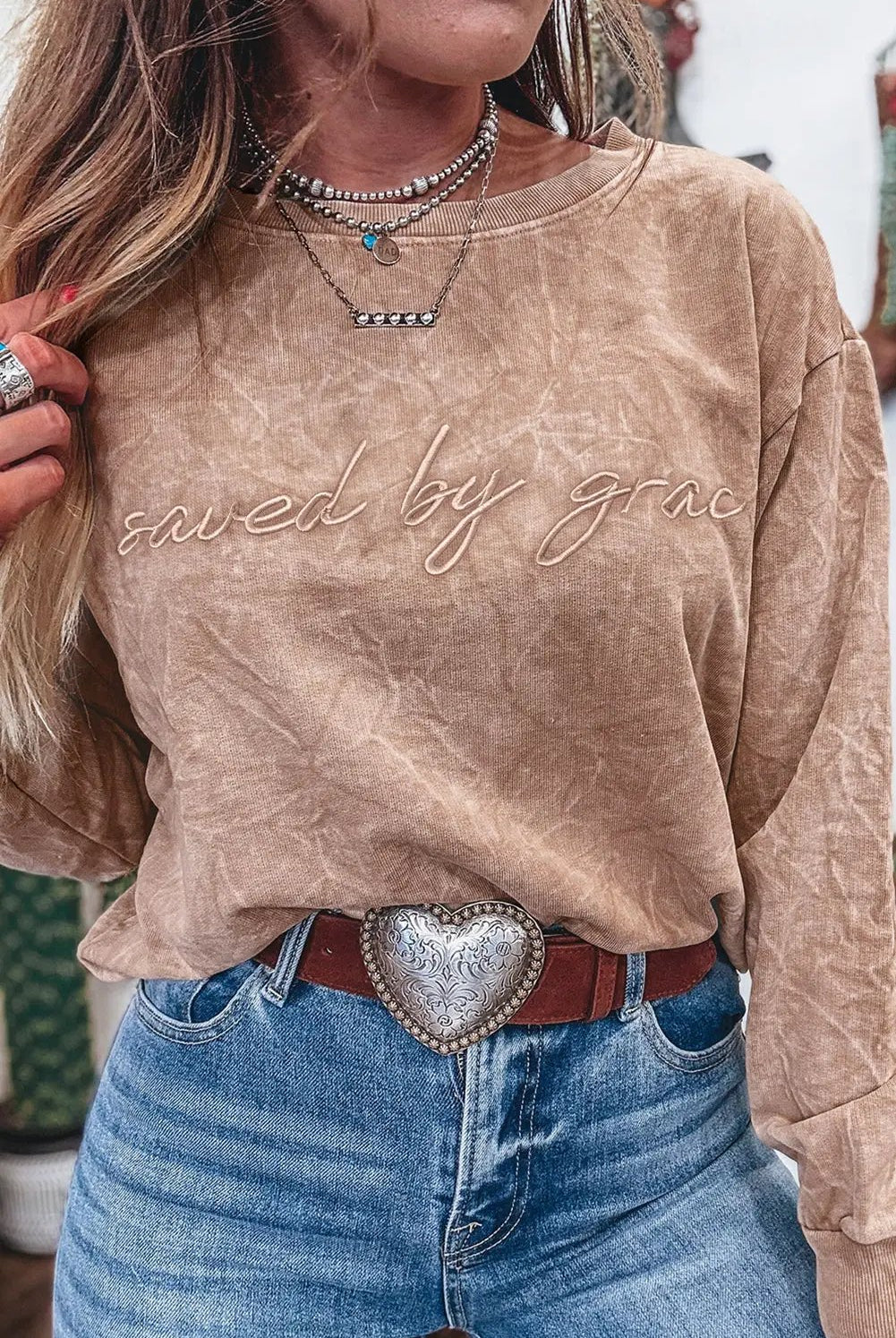 Grateful Threads Boutique “Saved By Grace” Letter Embroidery Mineral Wash Loose Sweatshirt - Sweatshirts DUNE saved by grace Letter Embroidery Mineral Wash Loose Sweatshirt