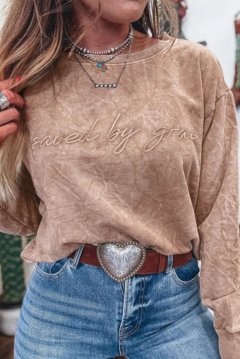 Grateful Threads Boutique “Saved By Grace” Letter Embroidery Mineral Wash Loose Sweatshirt - Sweatshirts DUNE saved by grace Letter Embroidery Mineral Wash Loose Sweatshirt