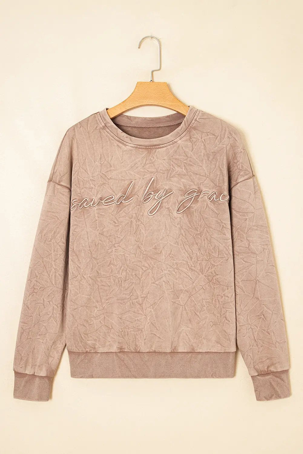Grateful Threads Boutique “Saved By Grace” Letter Embroidery Mineral Wash Loose Sweatshirt - Sweatshirts DUNE saved by grace Letter Embroidery Mineral Wash Loose Sweatshirt