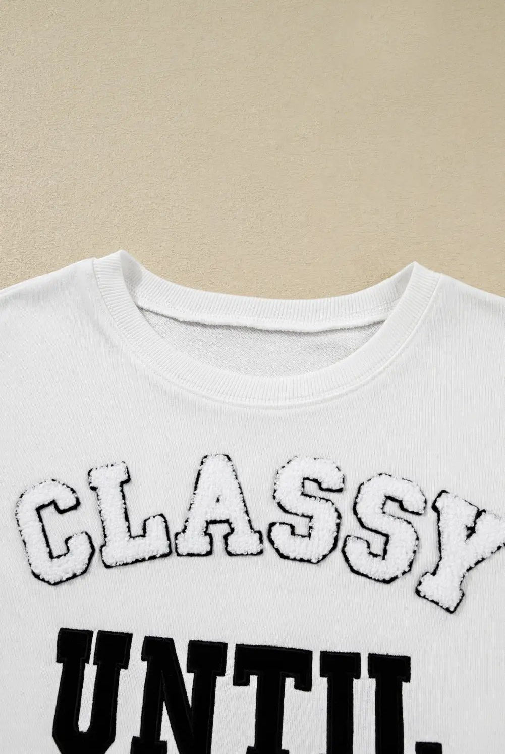 Grateful Threads Boutique White CLASSY UNTIL KICKOFF Plush Letter Patched Loose Sweatshirt - Sweatshirts White CLASSY UNTIL KICKOFF Plush Letter Patched Loose Sweatshirt