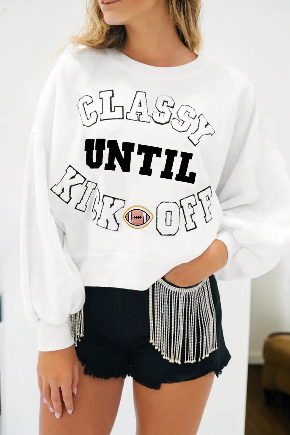 Grateful Threads Boutique White CLASSY UNTIL KICKOFF Plush Letter Patched Loose Sweatshirt - Sweatshirts White CLASSY UNTIL KICKOFF Plush Letter Patched Loose Sweatshirt
