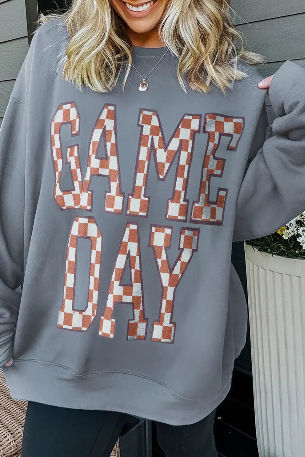Grateful Threads Boutique Sleet GAME DAY Checkered Letter Graphic Oversize Sweatshirt - Sweatshirts Sleet GAME DAY Checkered Letter Graphic Oversize Sweatshirt