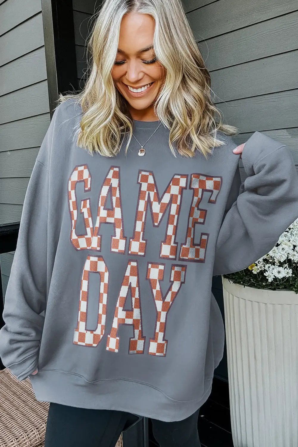 Grateful Threads Boutique Sleet GAME DAY Checkered Letter Graphic Oversize Sweatshirt - Sweatshirts Sleet GAME DAY Checkered Letter Graphic Oversize Sweatshirt