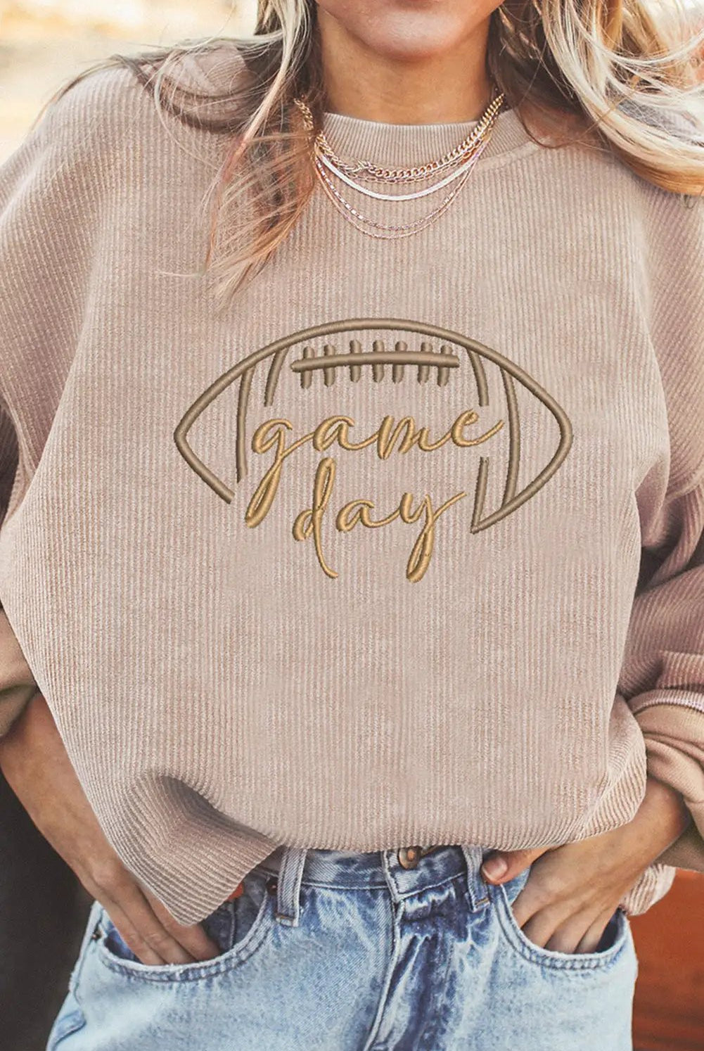 Grateful Threads Boutique Apricot Rugby Game Day Embroidered Corduroy Sweatshirt - Sweatshirts Apricot Rugby Game Day Embroidered Corduroy Sweatshirt