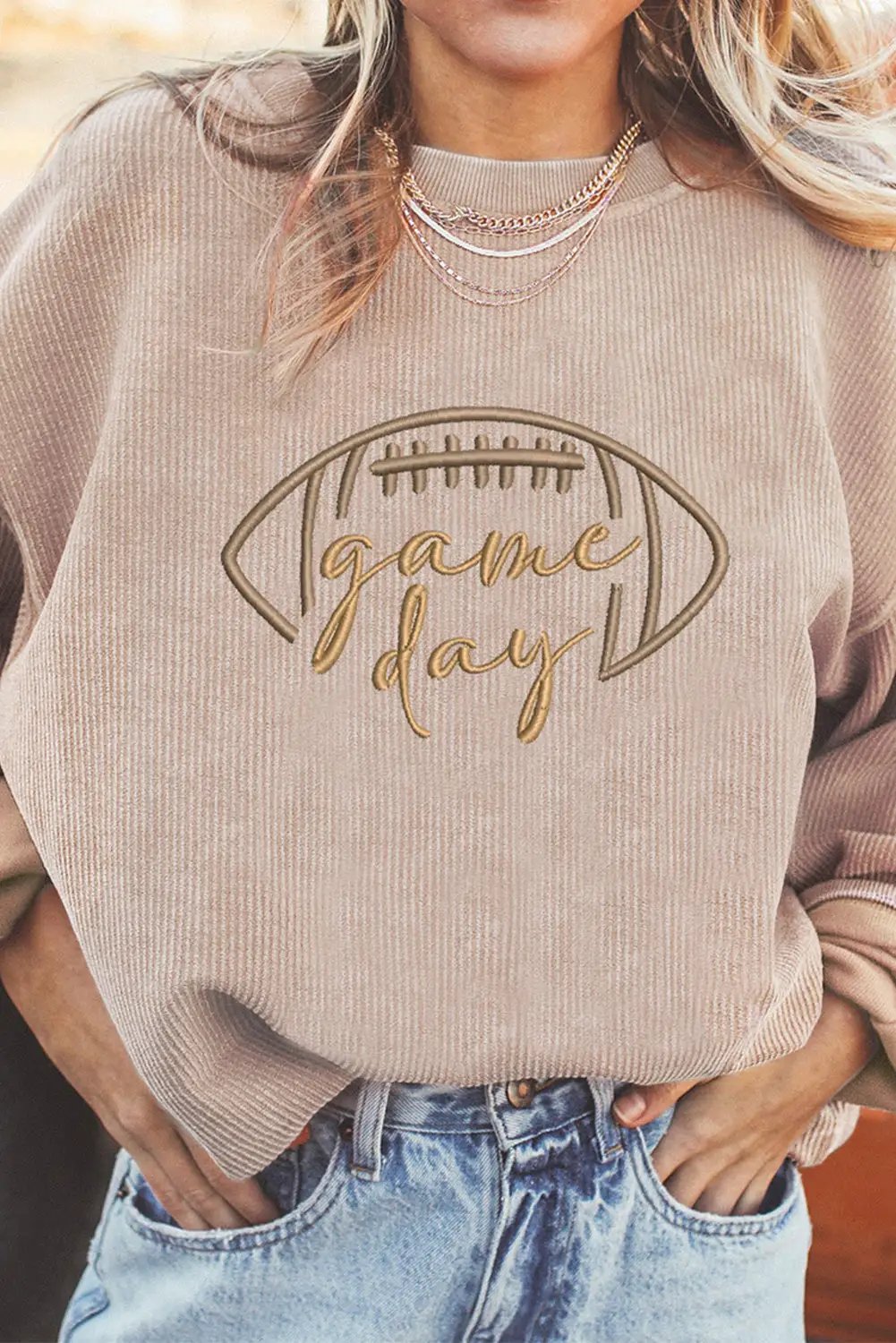 Grateful Threads Boutique Apricot Rugby Game Day Embroidered Corduroy Sweatshirt - Sweatshirts Apricot Rugby Game Day Embroidered Corduroy Sweatshirt