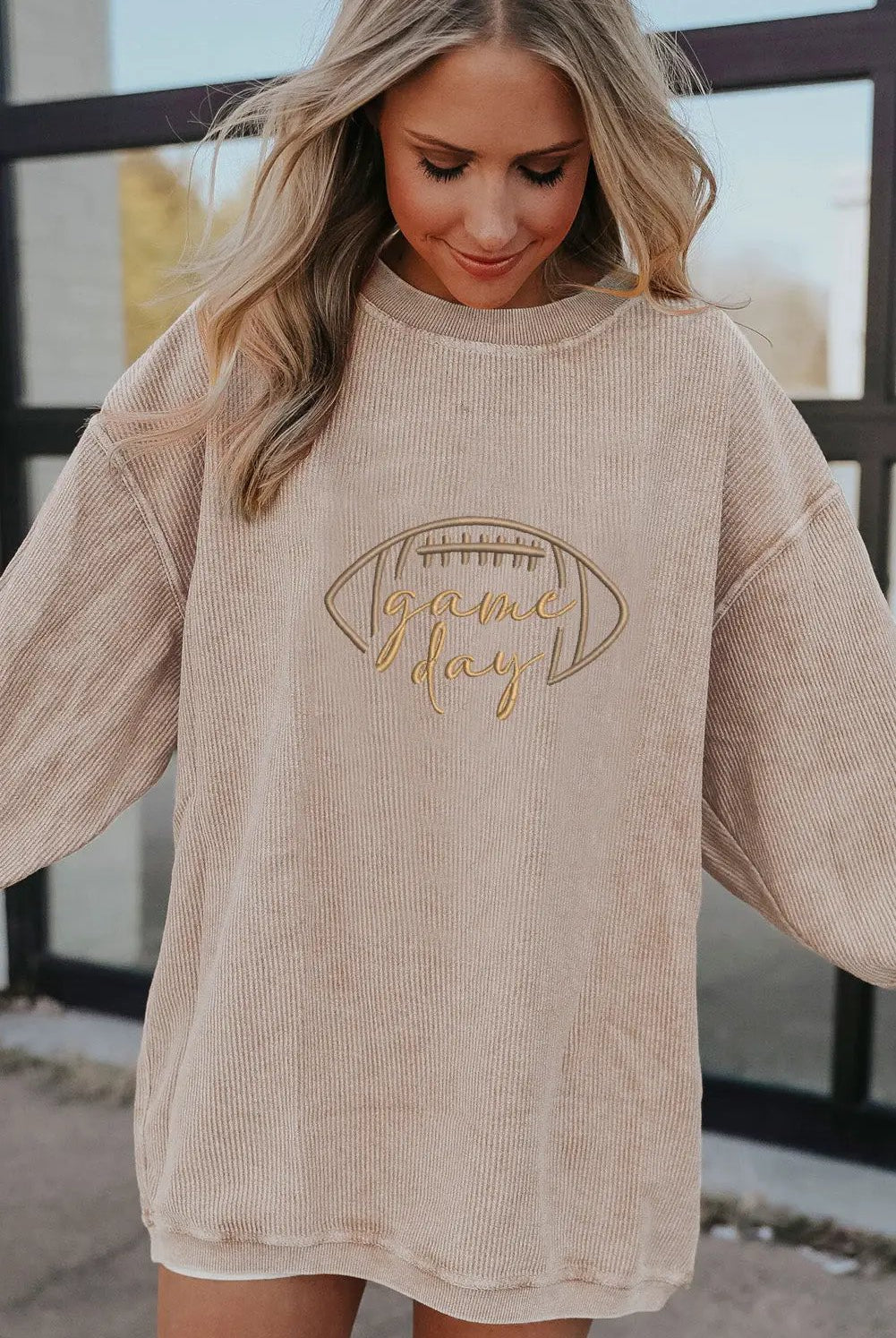 Grateful Threads Boutique Apricot Rugby Game Day Embroidered Corduroy Sweatshirt - Sweatshirts Apricot Rugby Game Day Embroidered Corduroy Sweatshirt