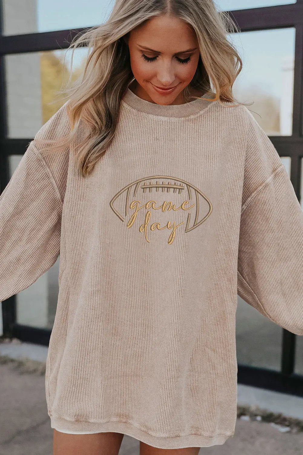 Grateful Threads Boutique Apricot Rugby Game Day Embroidered Corduroy Sweatshirt - Sweatshirts Apricot Rugby Game Day Embroidered Corduroy Sweatshirt