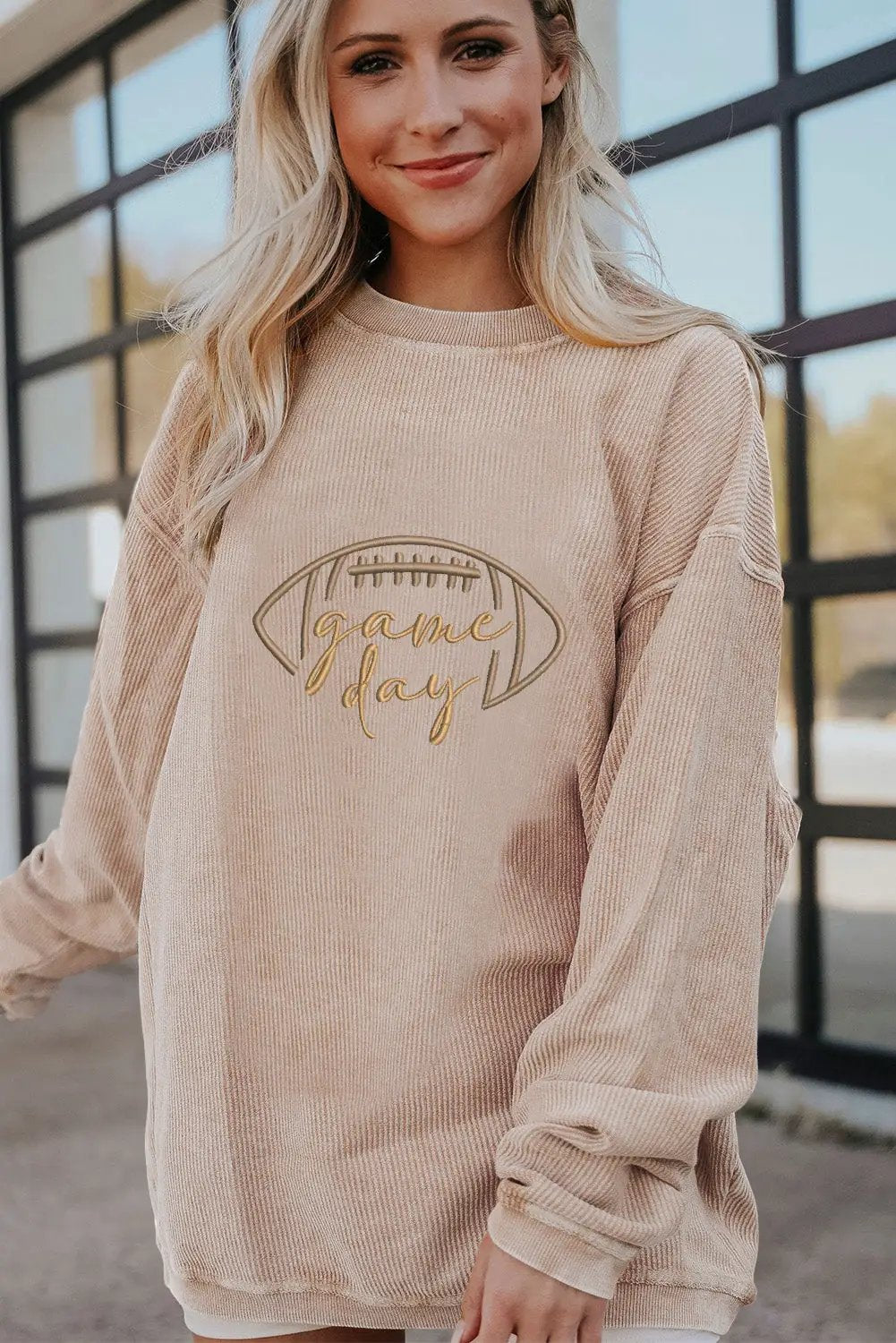 Grateful Threads Boutique Apricot Rugby Game Day Embroidered Corduroy Sweatshirt - Sweatshirts Apricot Rugby Game Day Embroidered Corduroy Sweatshirt
