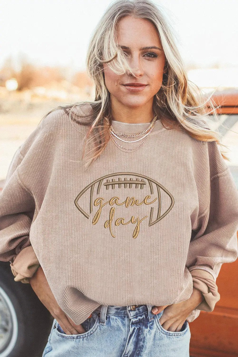 Grateful Threads Boutique Apricot Rugby Game Day Embroidered Corduroy Sweatshirt - Sweatshirts Apricot Rugby Game Day Embroidered Corduroy Sweatshirt