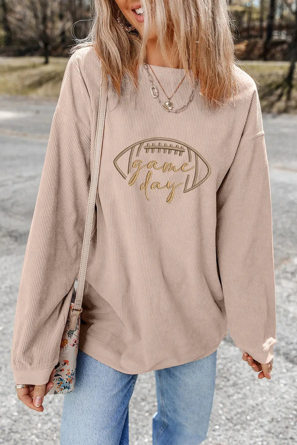 Grateful Threads Boutique Apricot Rugby Game Day Embroidered Corduroy Sweatshirt - Sweatshirts Apricot Rugby Game Day Embroidered Corduroy Sweatshirt