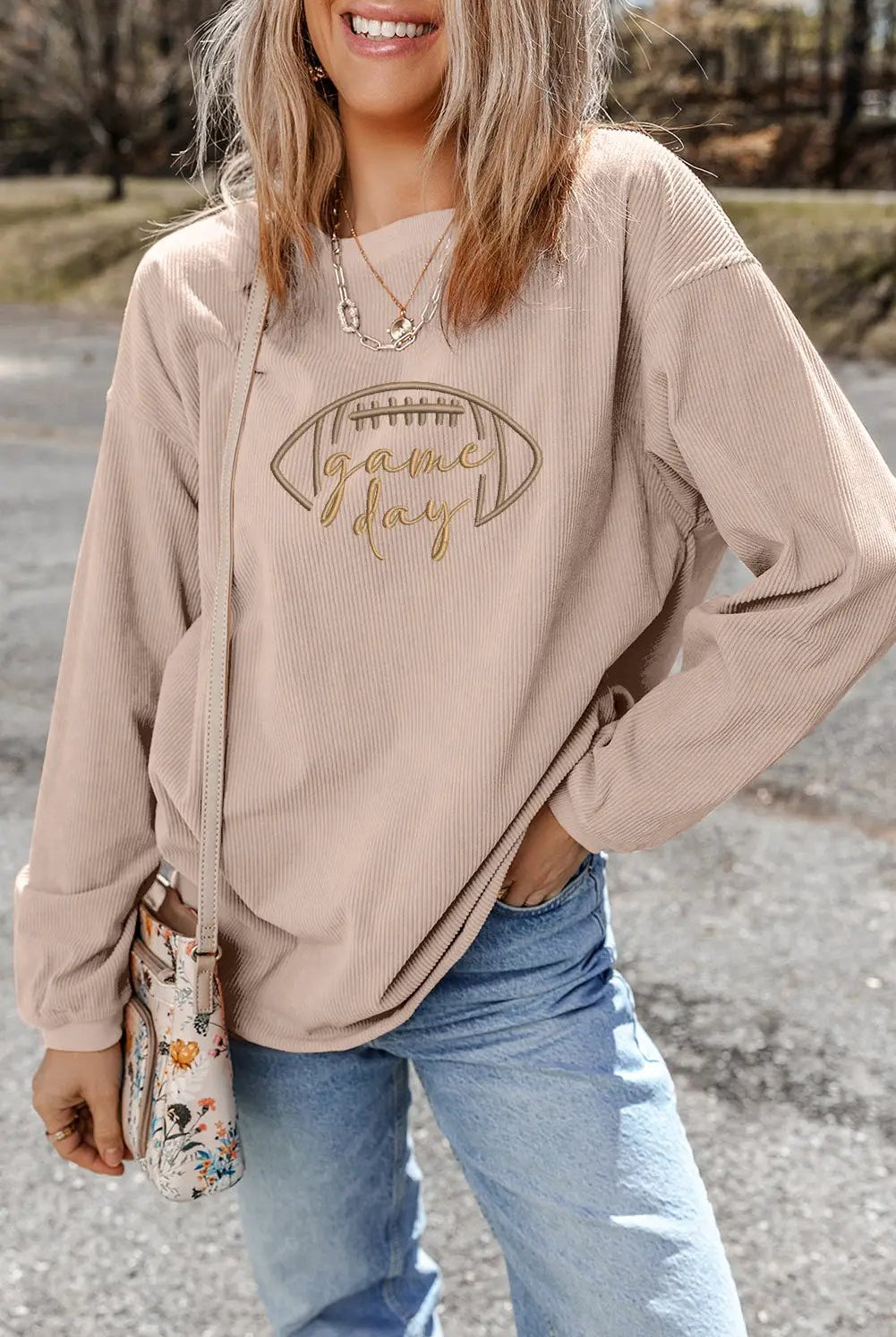 Grateful Threads Boutique Apricot Rugby Game Day Embroidered Corduroy Sweatshirt - Sweatshirts Apricot Rugby Game Day Embroidered Corduroy Sweatshirt