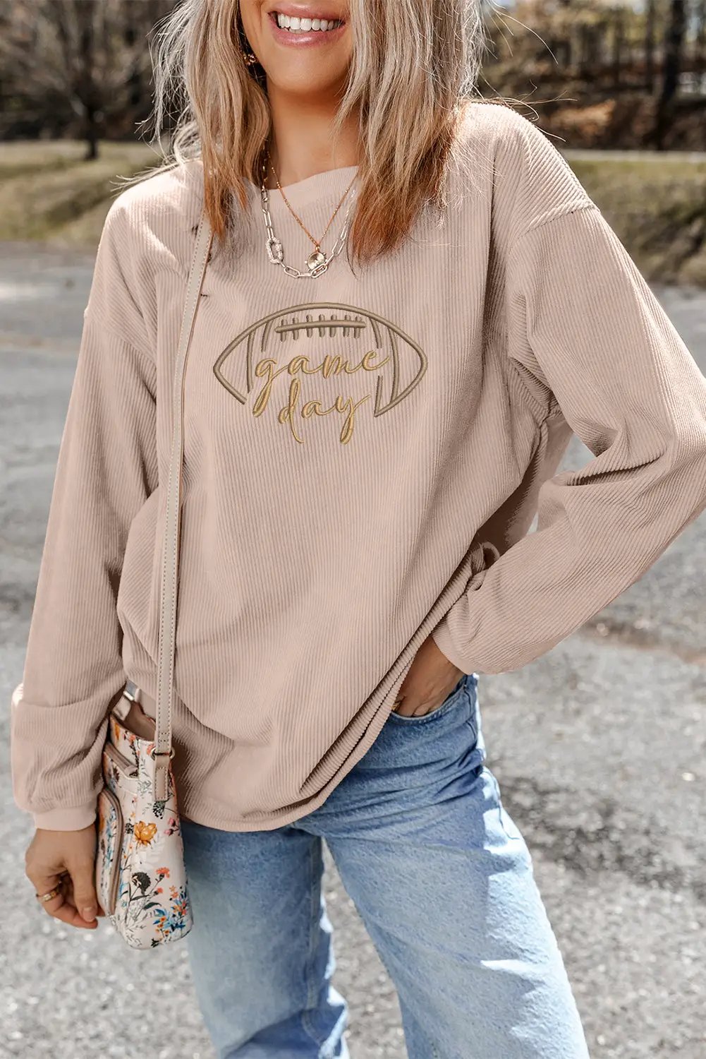 Grateful Threads Boutique Apricot Rugby Game Day Embroidered Corduroy Sweatshirt - Sweatshirts Apricot Rugby Game Day Embroidered Corduroy Sweatshirt