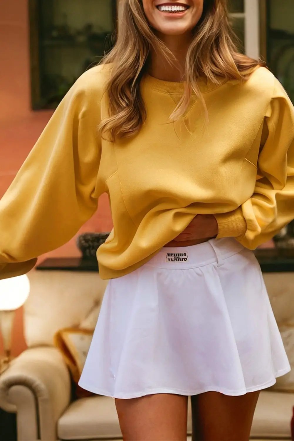 Grateful Threads Boutique Citrus Pleated Balloon Sleeve Pullover Solid Sweatshirt - Sweatshirts Citrus Pleated Balloon Sleeve Pullover Solid Sweatshirt