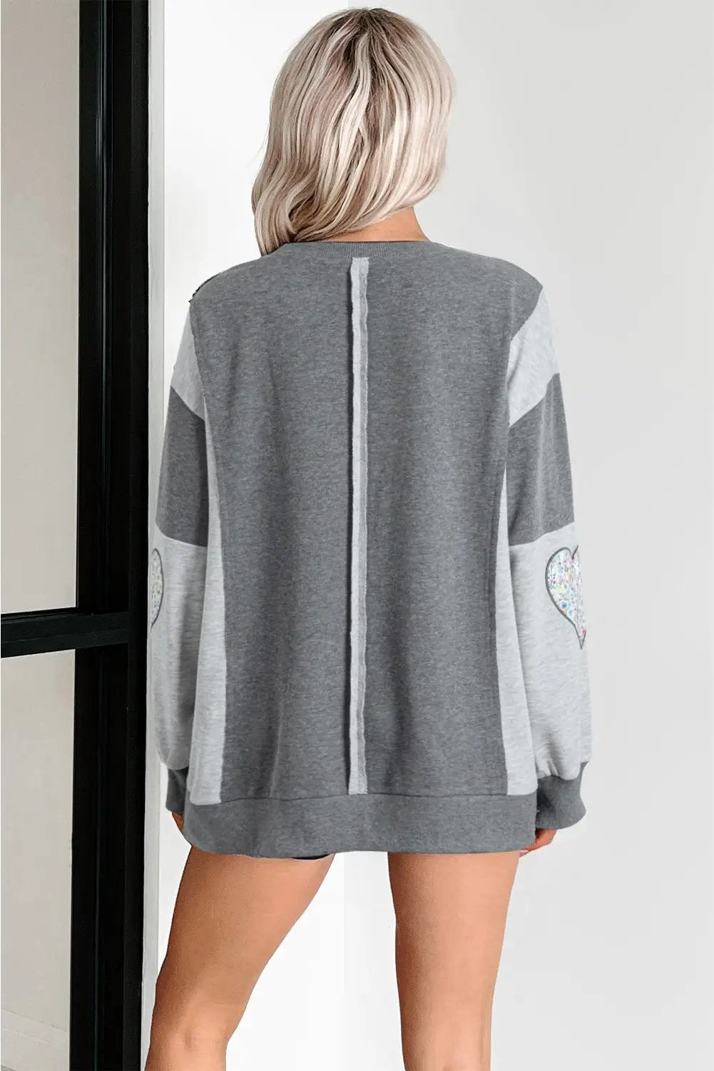 Grateful Threads Boutique Love in Bloom Patchwork Sweatshirt - Sweatshirts Dark Gray LOVE Valentine Graphic Exposed Seam Patchwork Uneven Hem Chic Sweatshirt