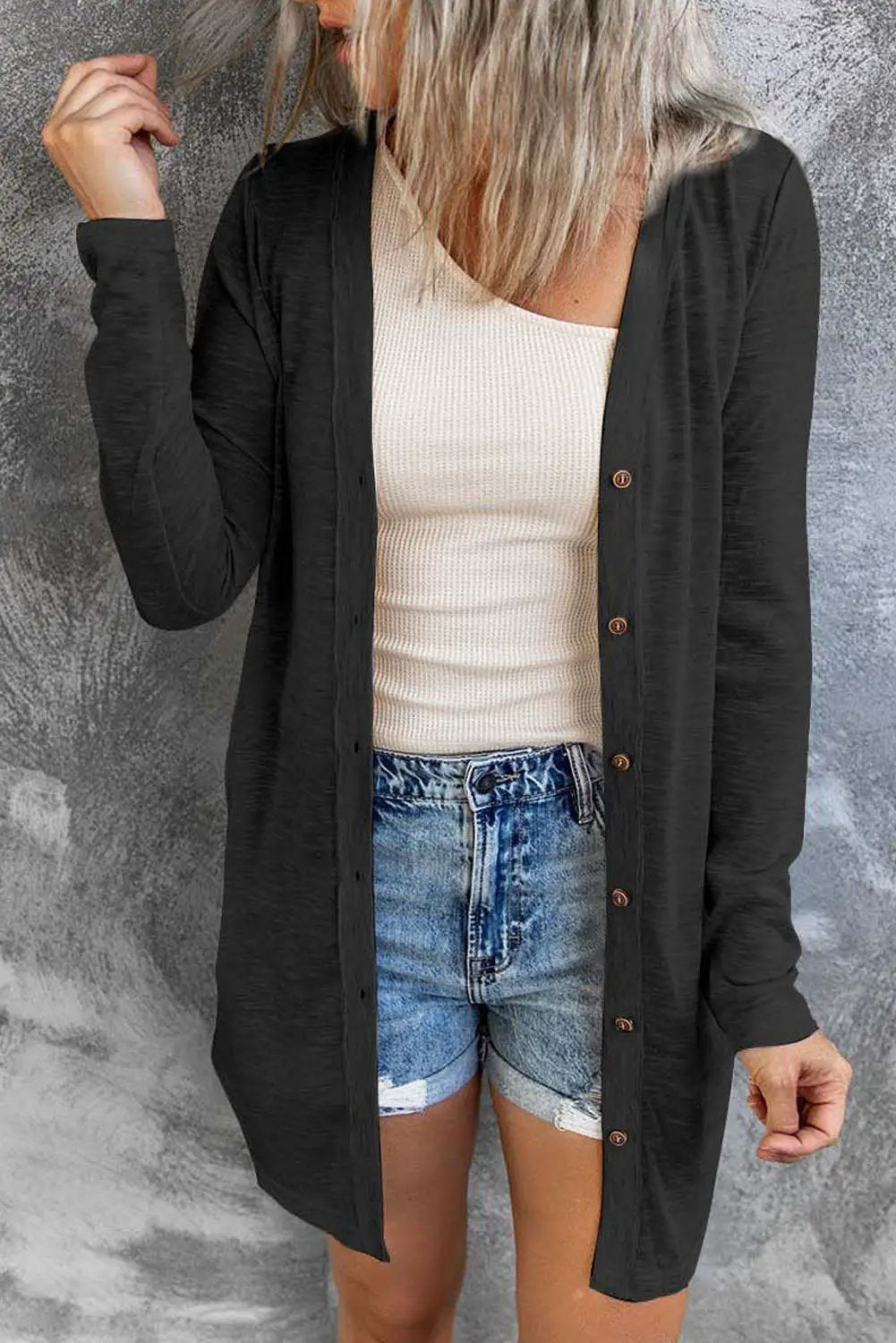 Grateful Threads Boutique Charcoal Black Longline Cardigan – Airy, Button-Up & Effortless Layering - Cardigans black longline button up cardigan