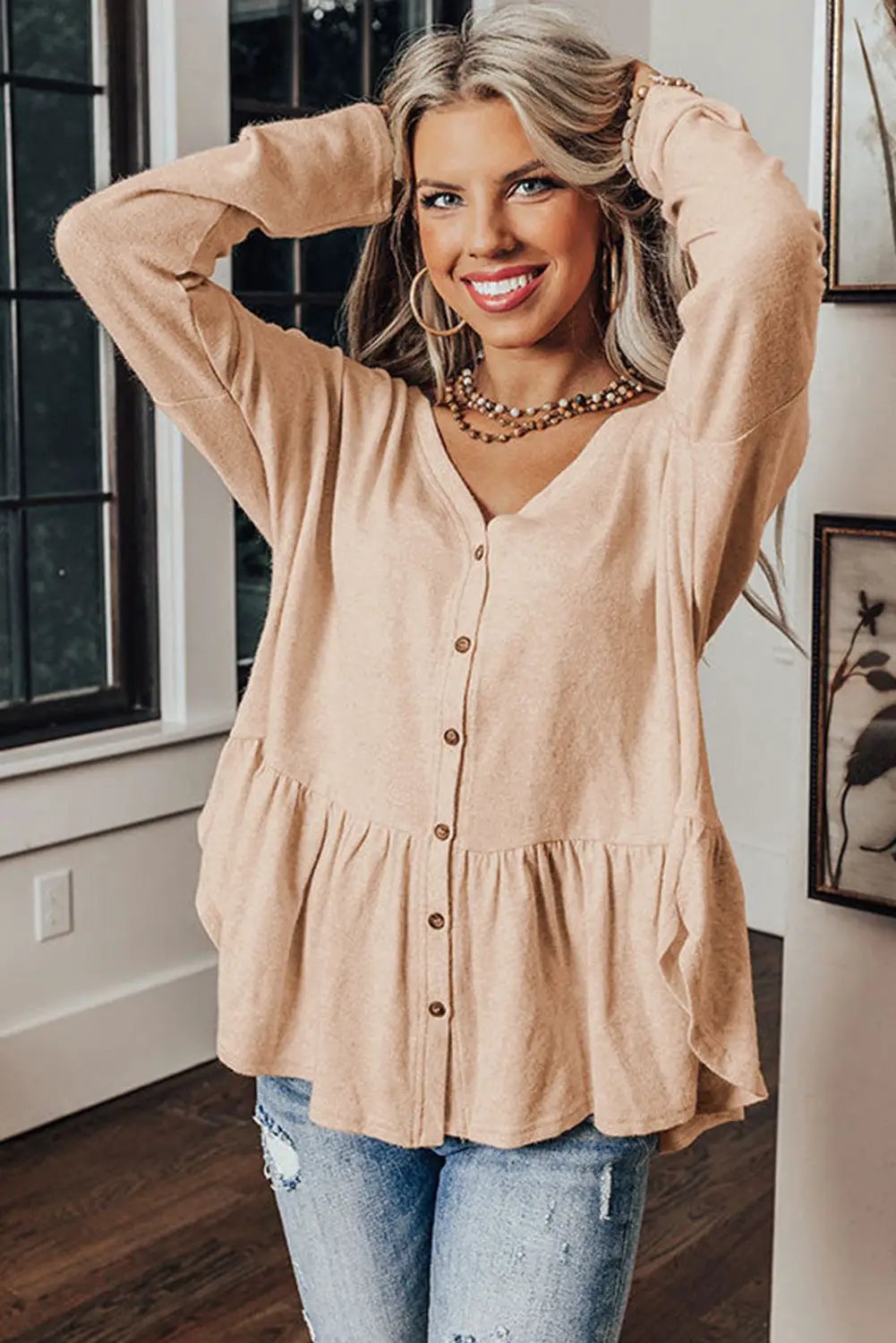 Grateful Threads Boutique Jet Stream Ruffled V-Neck Shirt - Shirts