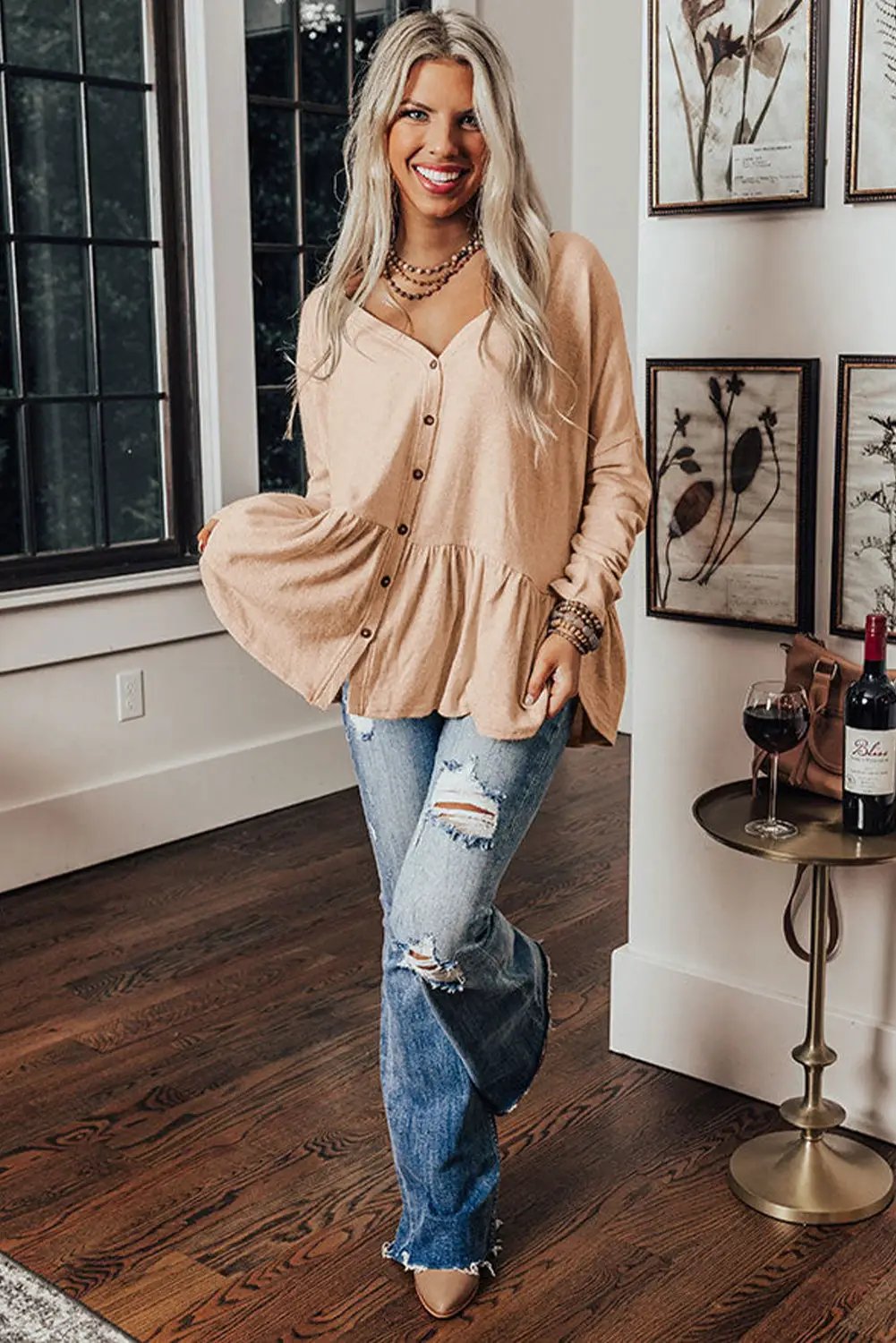 Grateful Threads Boutique Jet Stream Ruffled V-Neck Shirt - Shirts