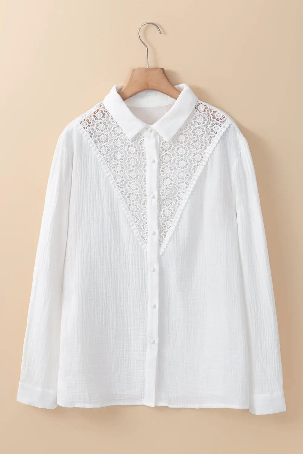 Grateful Threads Boutique White Floral Lace Hollow-out Splicing Crinkled Shirt - Blouses