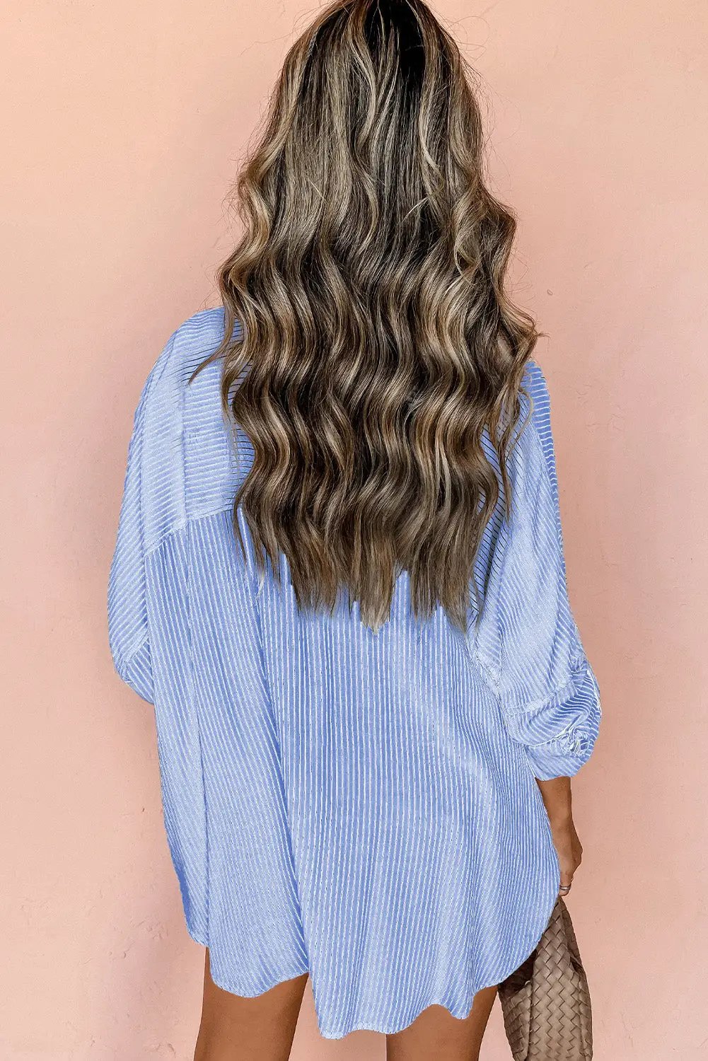 Grateful Threads Boutique Sky Blue Stripe Roll-tab Sleeve Pocketed Long Shirt - Shirts Sky Blue Stripe Roll-tab Sleeve Pocketed Long Shirt