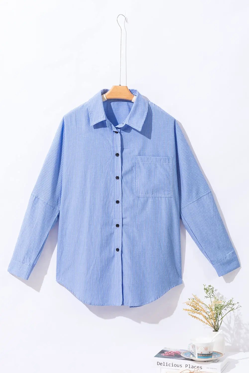 Grateful Threads Boutique Sky Blue Stripe Roll-tab Sleeve Pocketed Long Shirt - Shirts Sky Blue Stripe Roll-tab Sleeve Pocketed Long Shirt