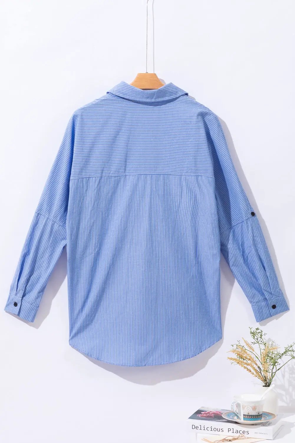 Grateful Threads Boutique Sky Blue Stripe Roll-tab Sleeve Pocketed Long Shirt - Shirts Sky Blue Stripe Roll-tab Sleeve Pocketed Long Shirt
