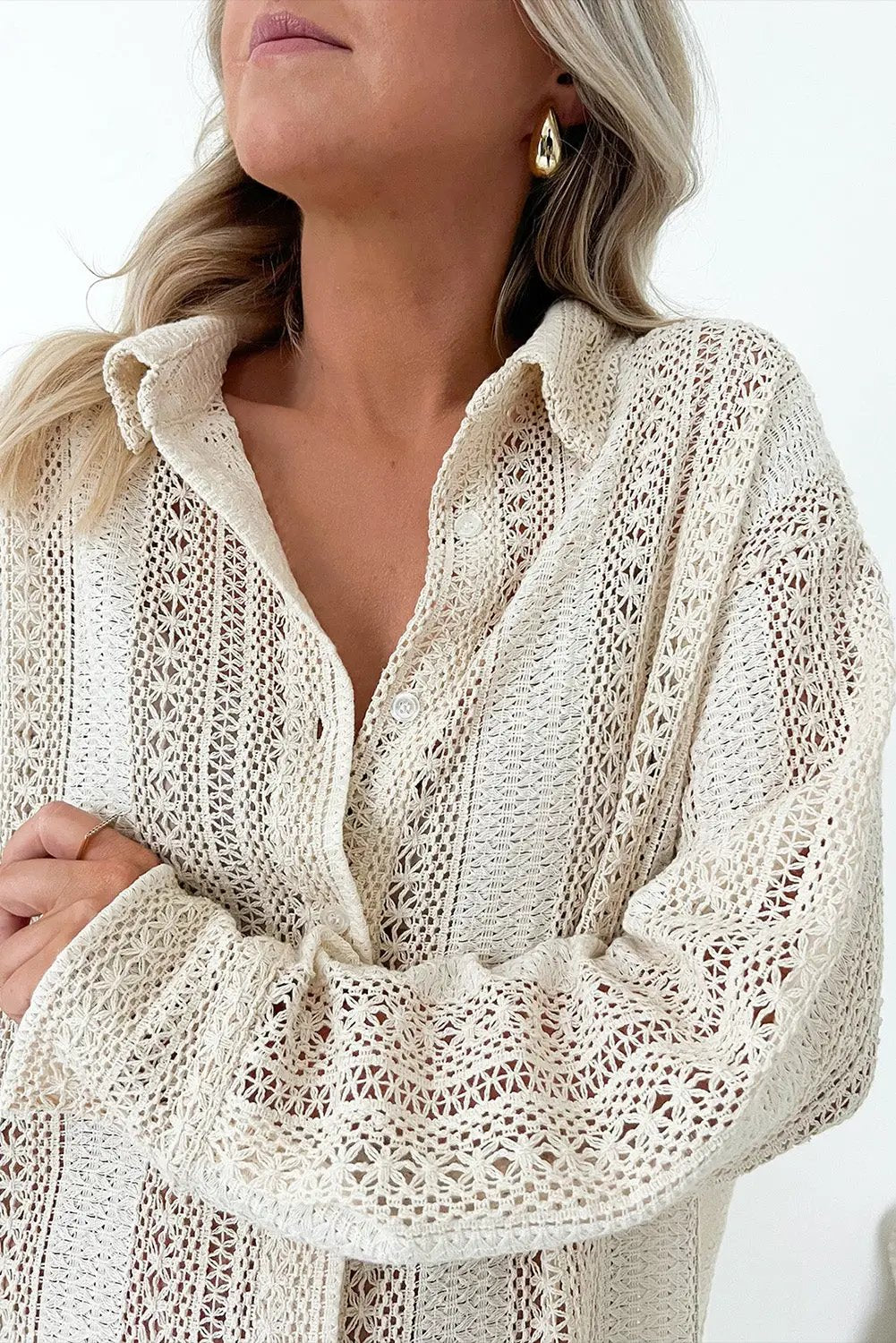 Grateful Threads Boutique Beige Lace Crochet Tunic Button-Up Shirt - Shirts Beige crochet button up top