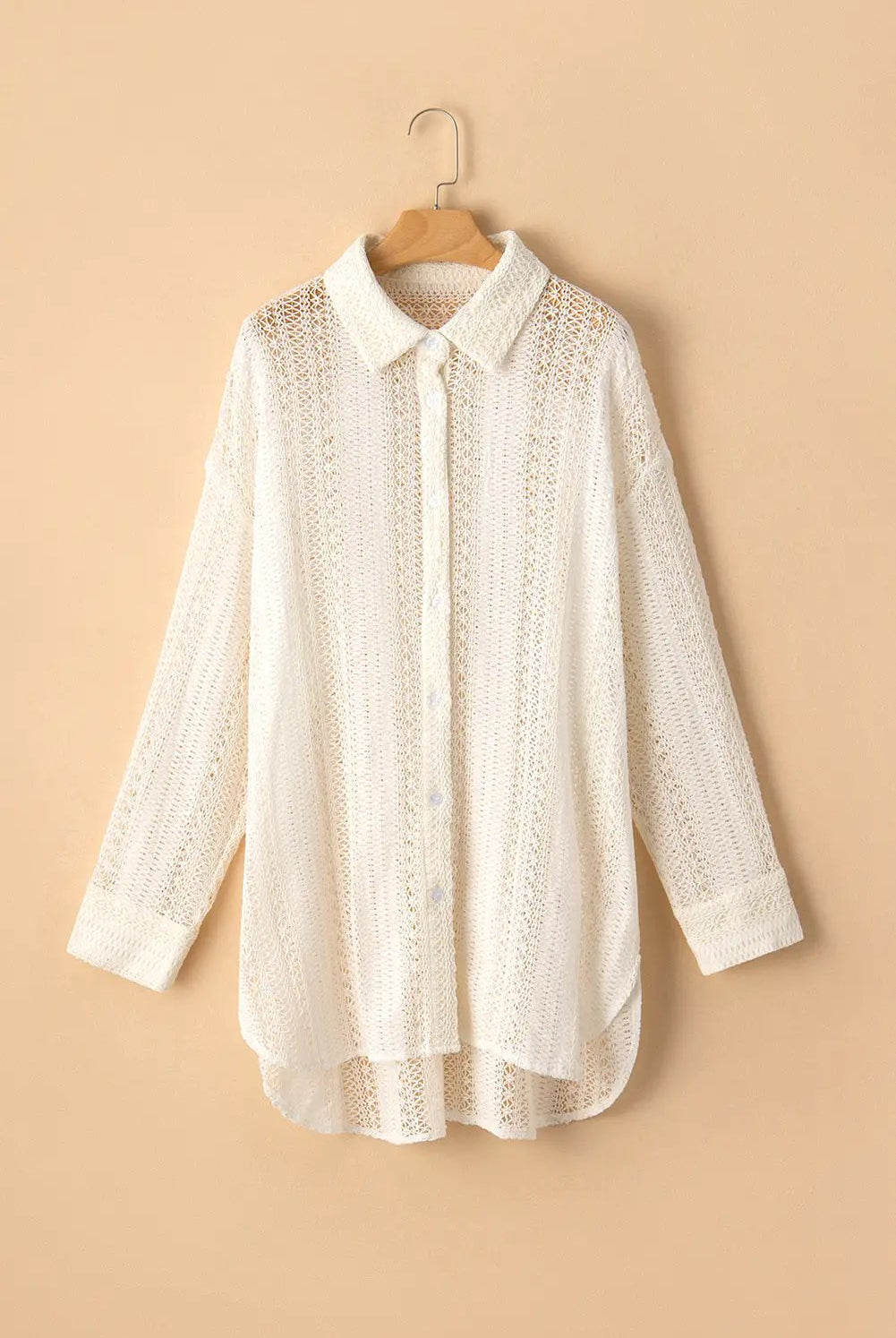 Grateful Threads Boutique Beige Lace Crochet Tunic Button-Up Shirt - Shirts Beige crochet button up top