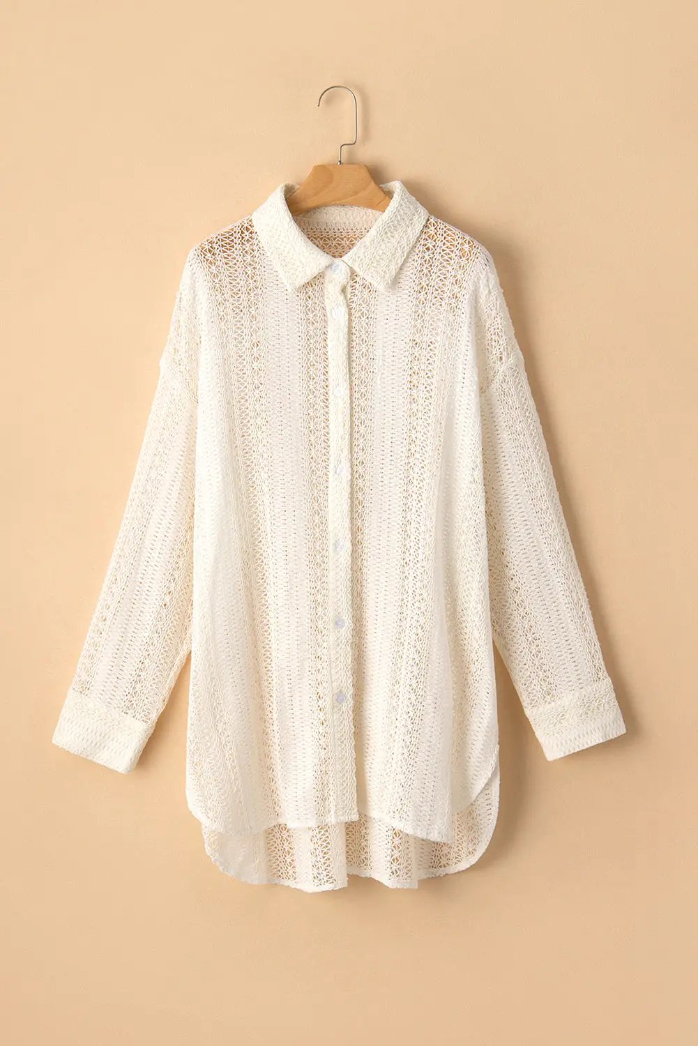 Grateful Threads Boutique Beige Lace Crochet Tunic Button-Up Shirt - Shirts Beige crochet button up top