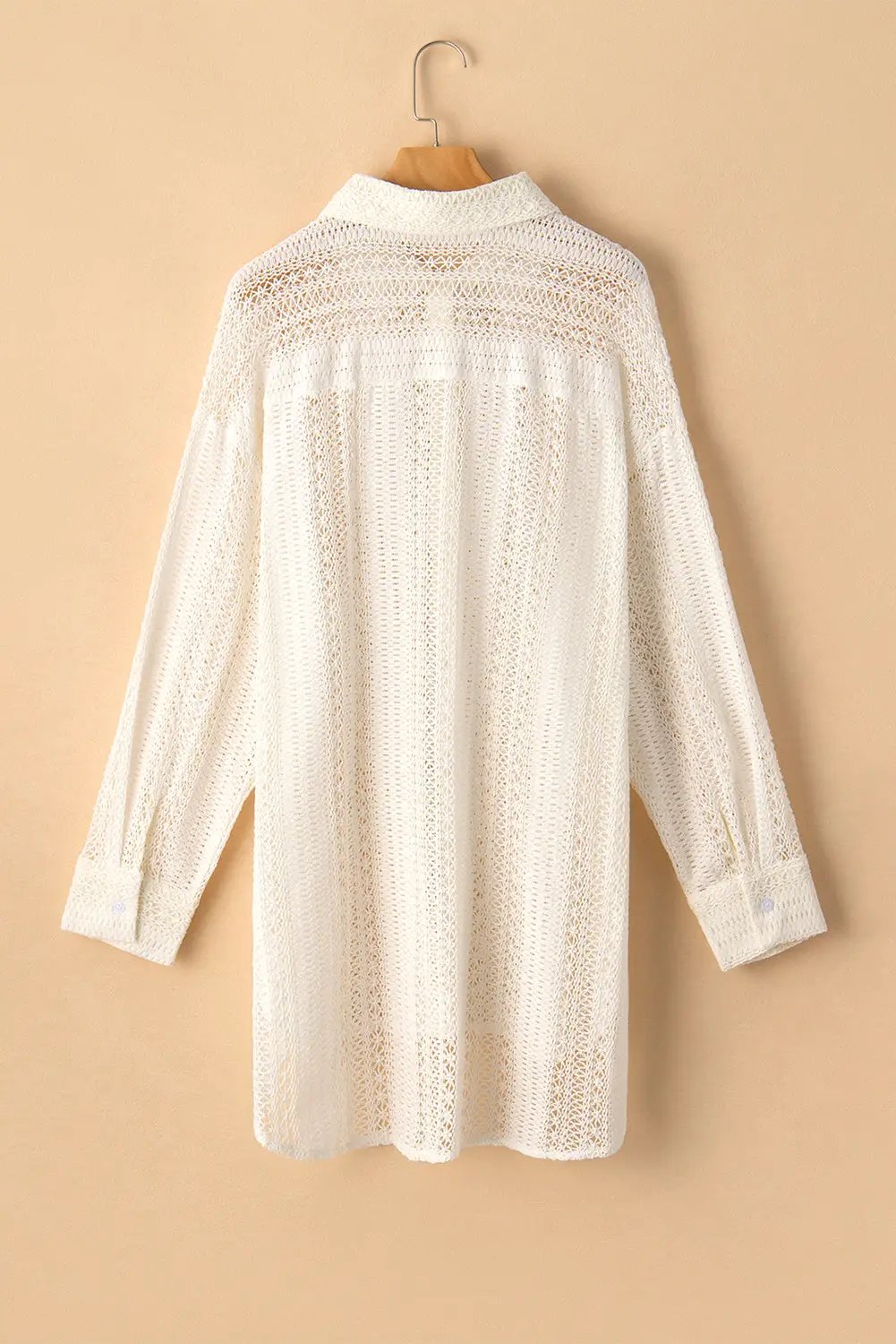 Grateful Threads Boutique Beige Lace Crochet Tunic Button-Up Shirt - Shirts Beige crochet button up top