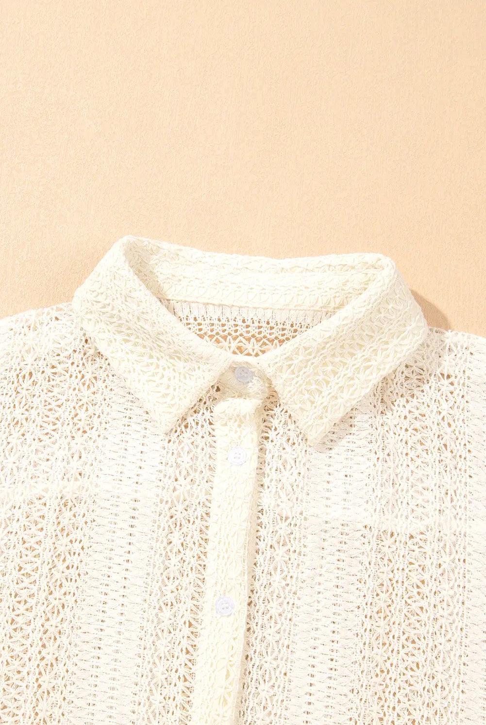 Grateful Threads Boutique Beige Lace Crochet Tunic Button-Up Shirt - Shirts Beige crochet button up top