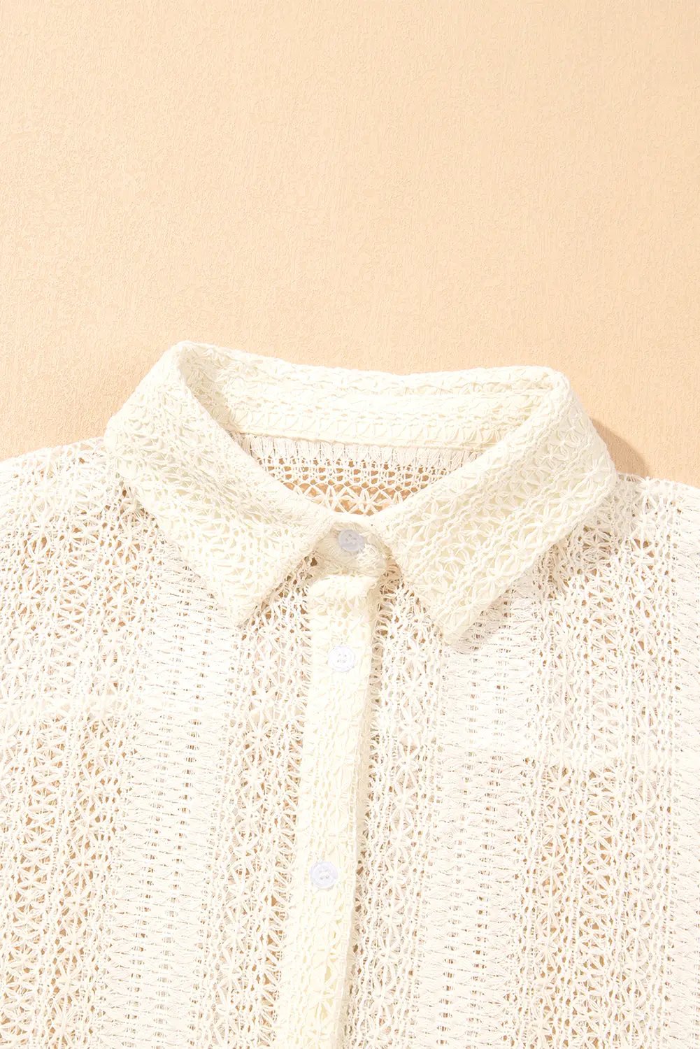 Grateful Threads Boutique Beige Lace Crochet Tunic Button-Up Shirt - Shirts Beige crochet button up top